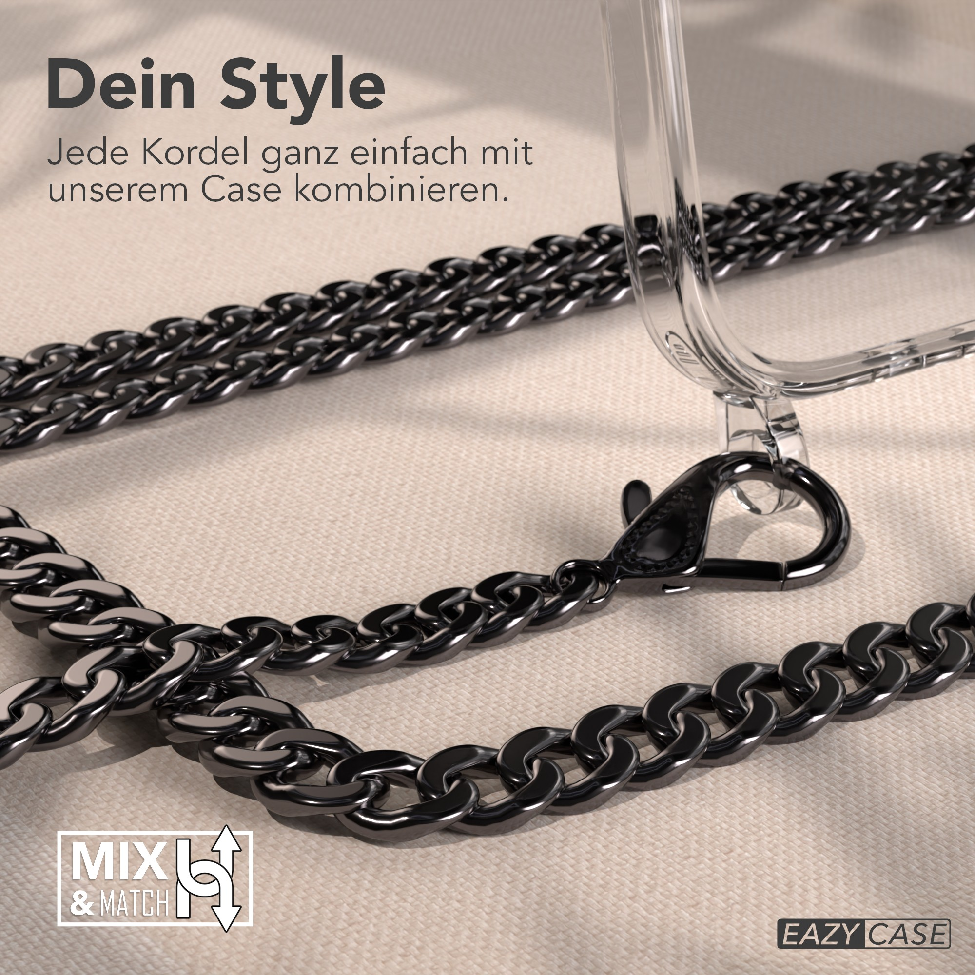 Nahaufnahme einer Handyhülle mit schwarzer Kette. Der Text lautet 'Dein Style' und 'MIX & MATCH' mit einem Logo.