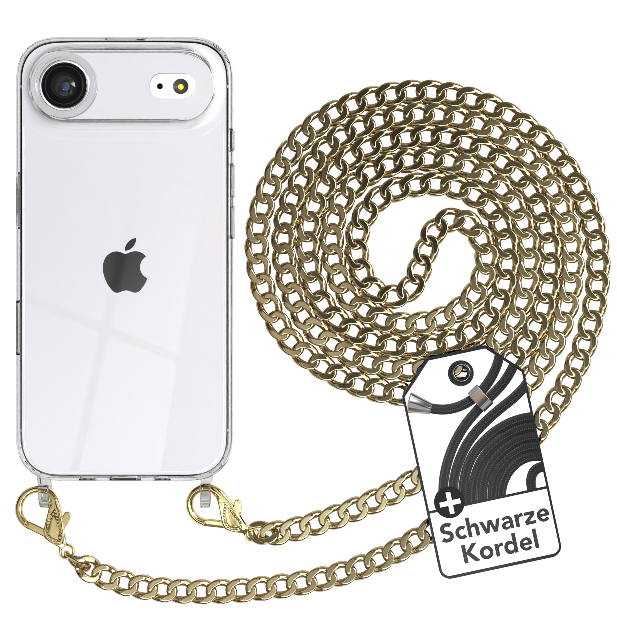 Klar Handyhülle mit goldener Kette. Enthält ein Etikett mit schwarzer Kordel-Beschreibung auf Deutsch.
