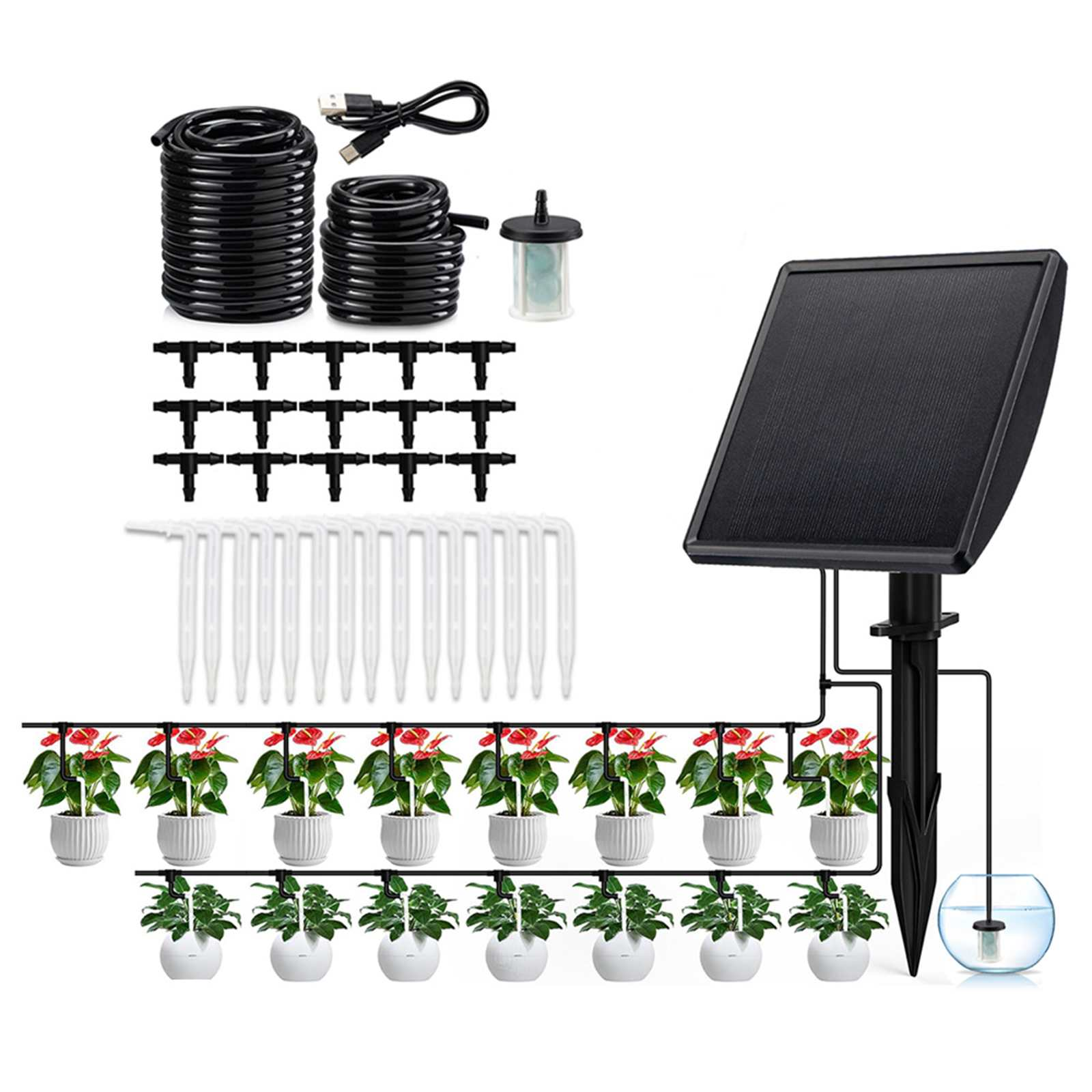 Solarbetriebenes Pflanzenbewässerungssystem. Enthält Solarpanel, Schläuche, Tropfer und Topfpflanzen mit roten Blüten.