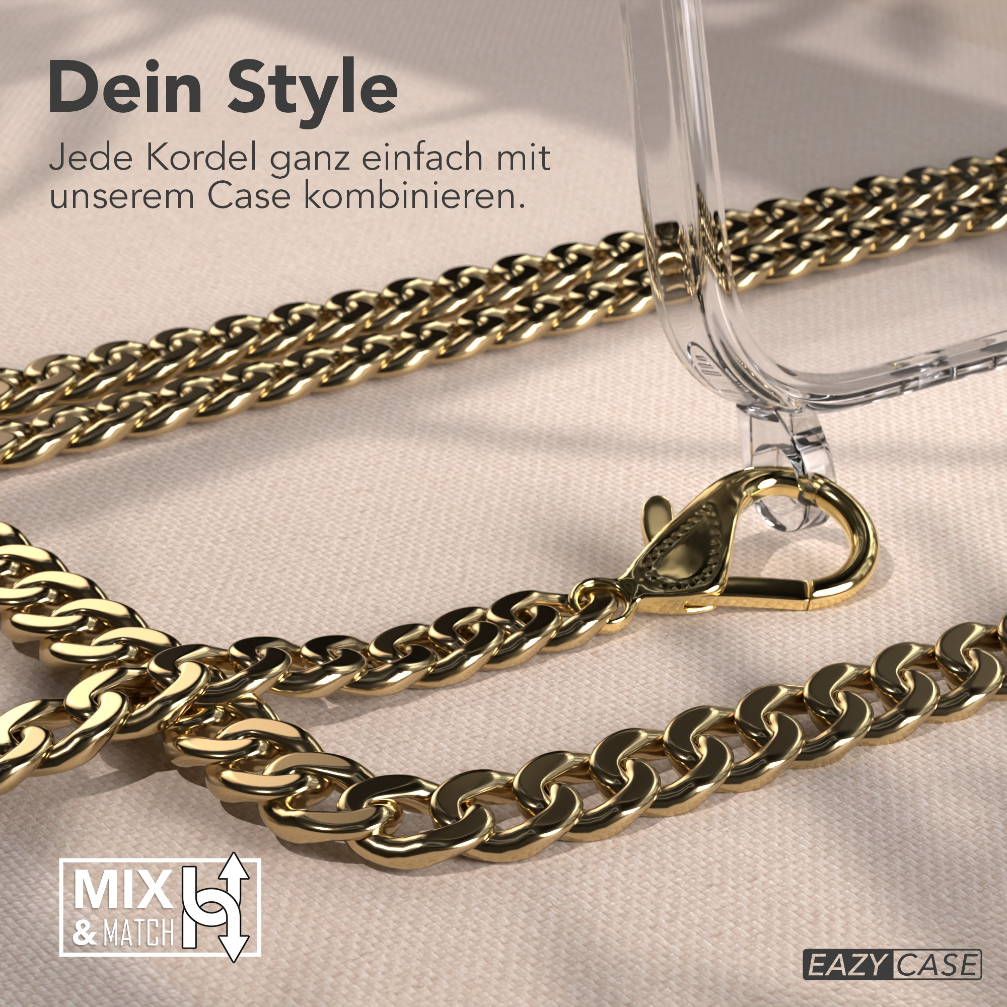 Goldkette und eine transparente Handyhülle. Text auf Deutsch lautet 'Dein Style' und 'Mix & Match'.