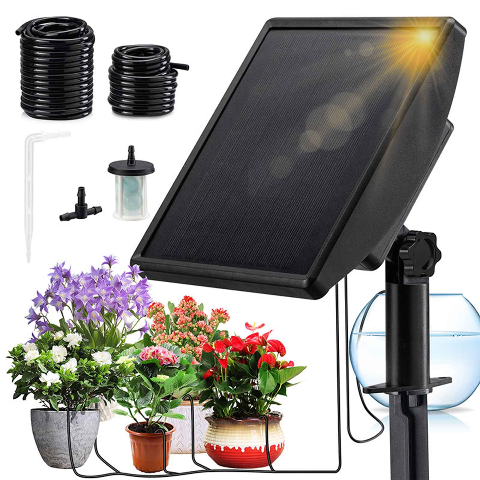 Ein solarbetriebenes automatisches Pflanzenbewässerungssystem. Enthält Solarpanel, Schläuche, Anschlüsse und Topfpflanzen mit Blüten.