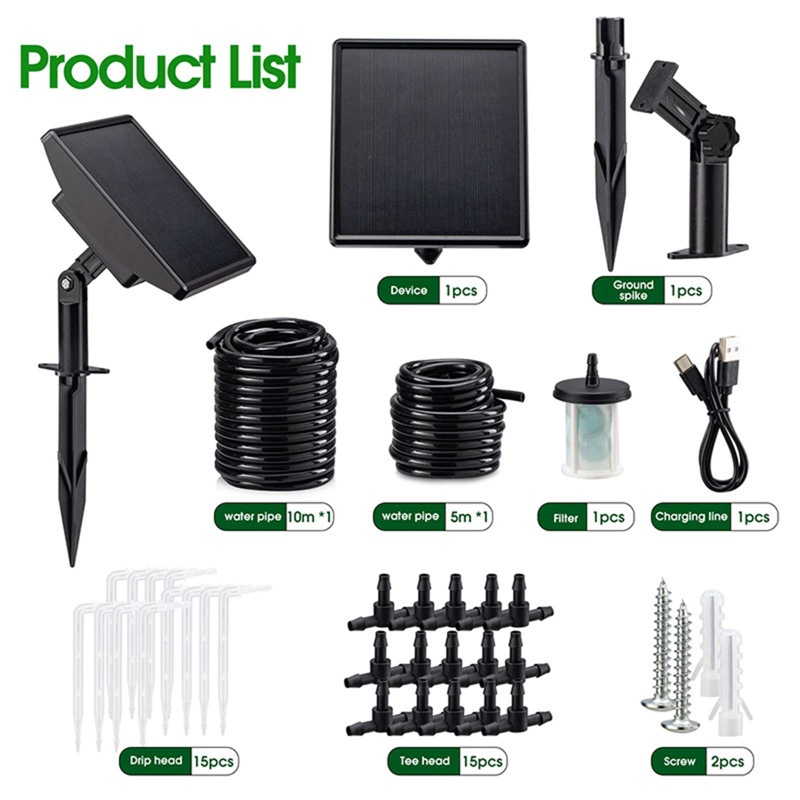 Eine Produktliste mit Solarpanel-Komponenten: Gerät, Erdspieß, Wasserrohre, Filter, Ladekabel, Tropfköpfe, T-Stücke, Schrauben.