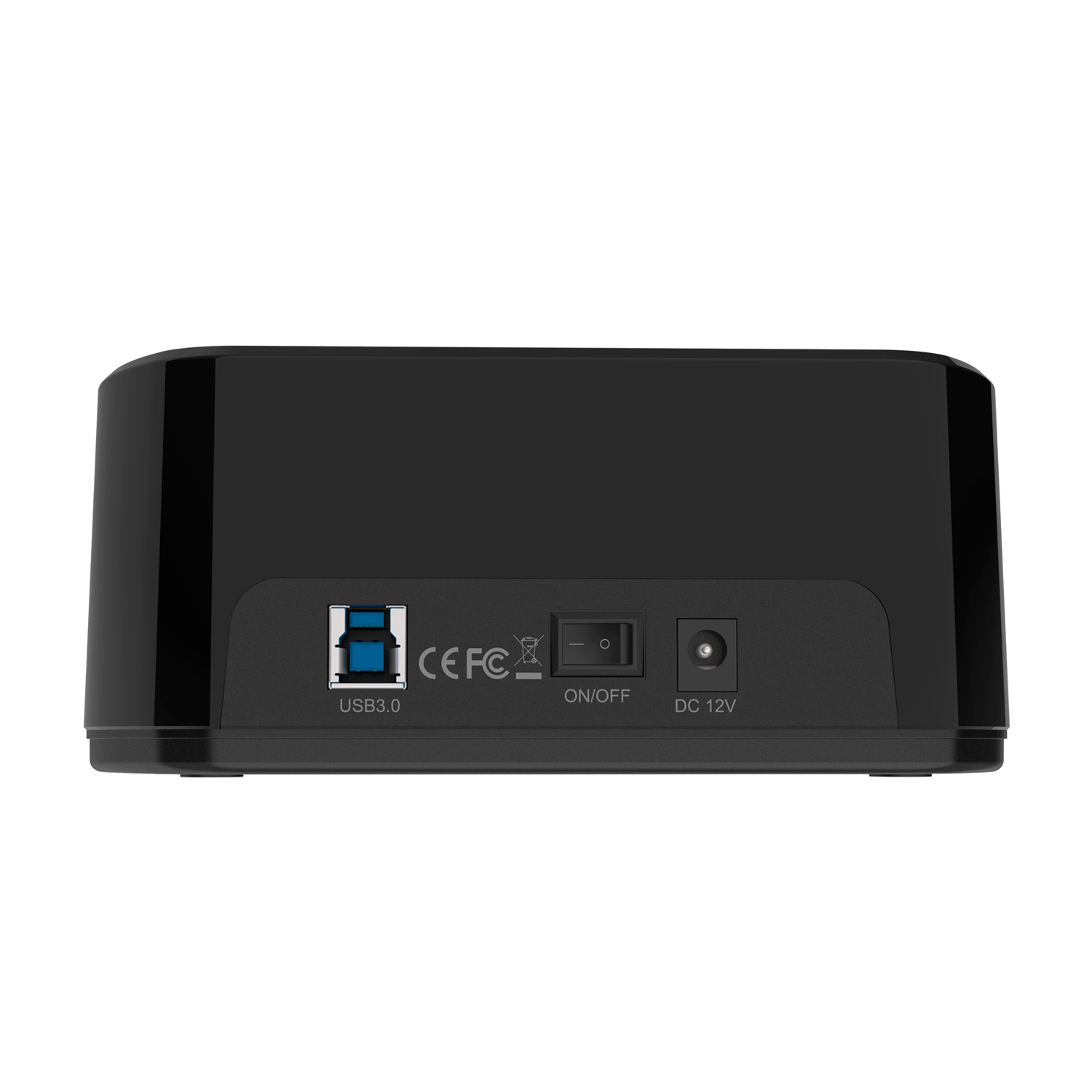 Un dispositivo rectangular negro con USB 3.0, botón de encendido y entrada DC 12V. Tiene un acabado brillante y está sobre un fondo blanco.