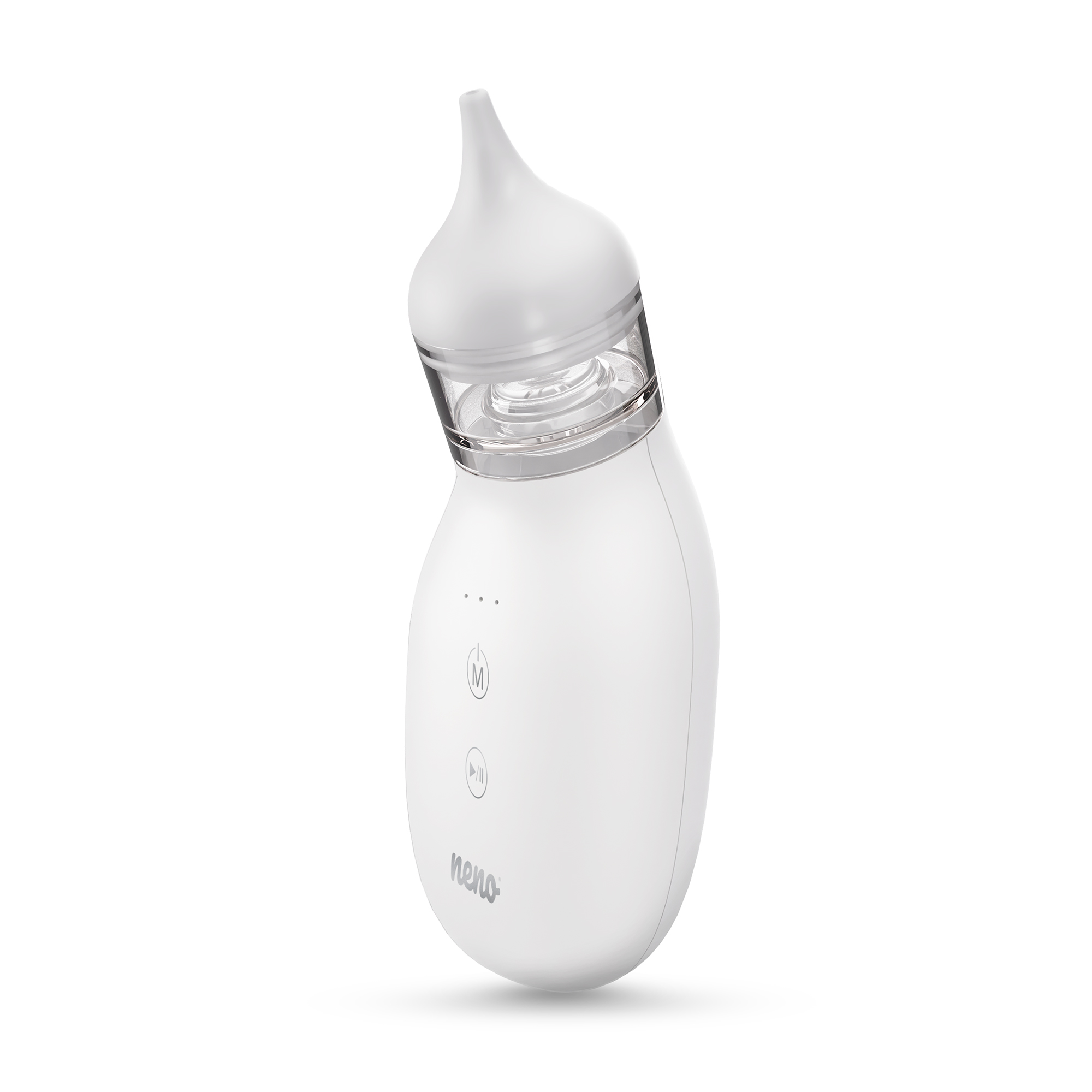 Weißer Baby-Nasensauger. Er hat ein gebogenes Design mit einem bauchigen Kopf und einem zylindrischen Körper, auf weißem Hintergrund.