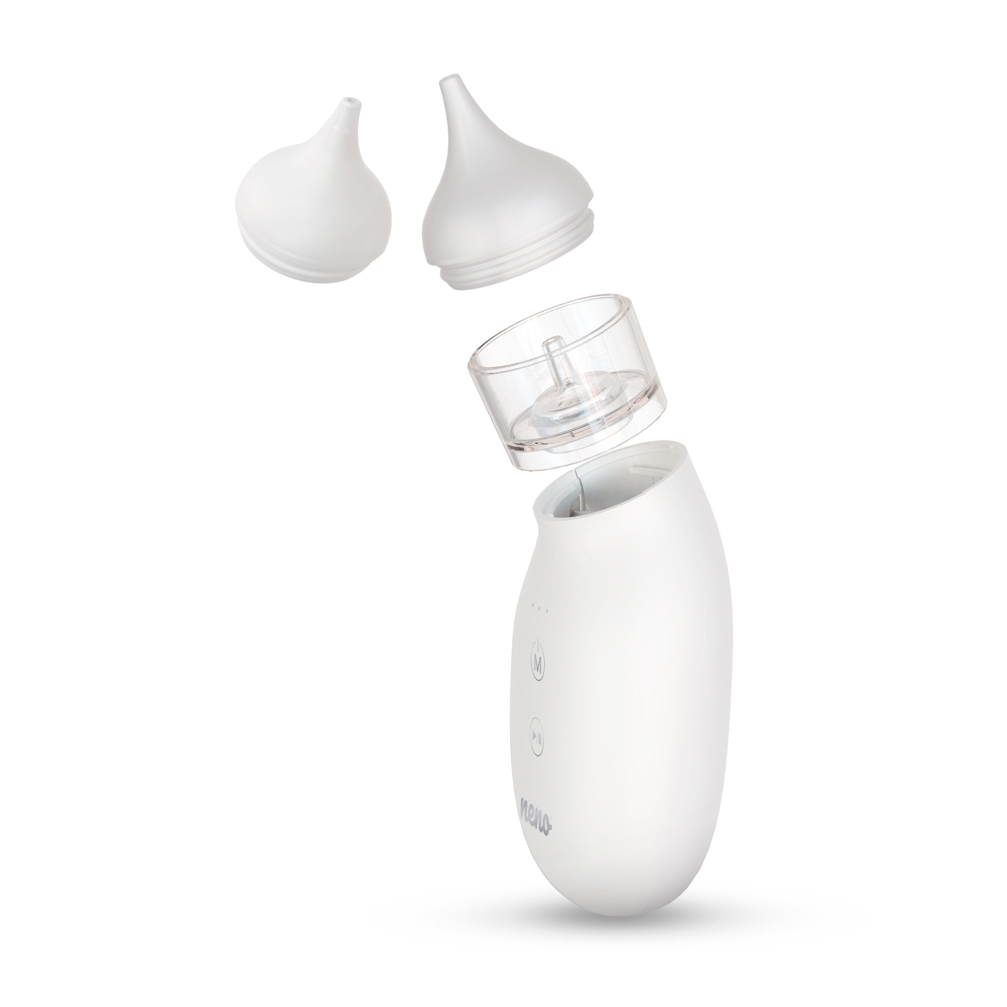 Ein weißer Baby-Nasensauger ist zerlegt, mit schwebenden Teilen. Enthält eine Flasche, Spitzen und einen transparenten Behälter.