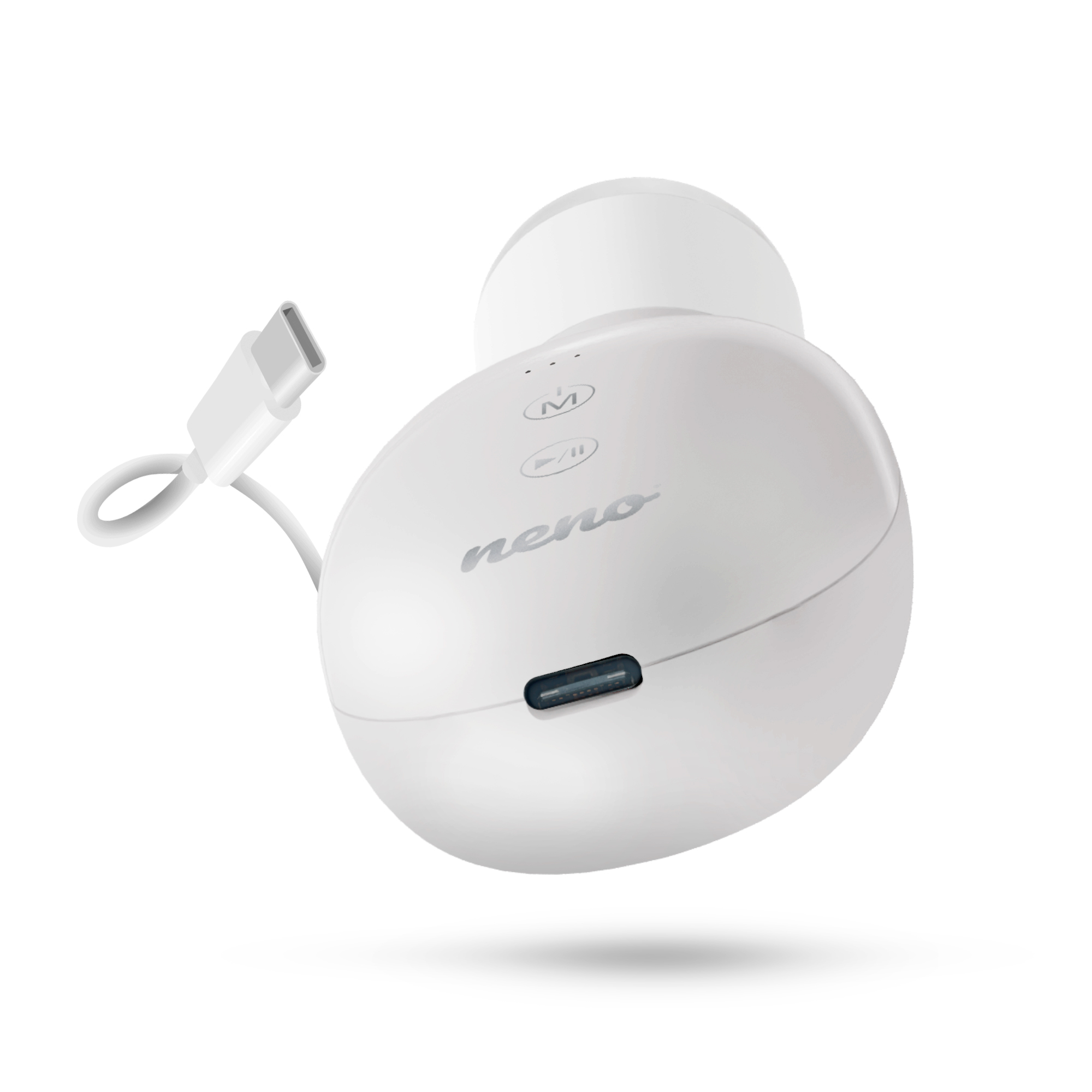 Ein weißer Ohrhörer mit Ladekabel. Es hat Knöpfe und den Markennamen „neno“. Der Hintergrund ist weiß.