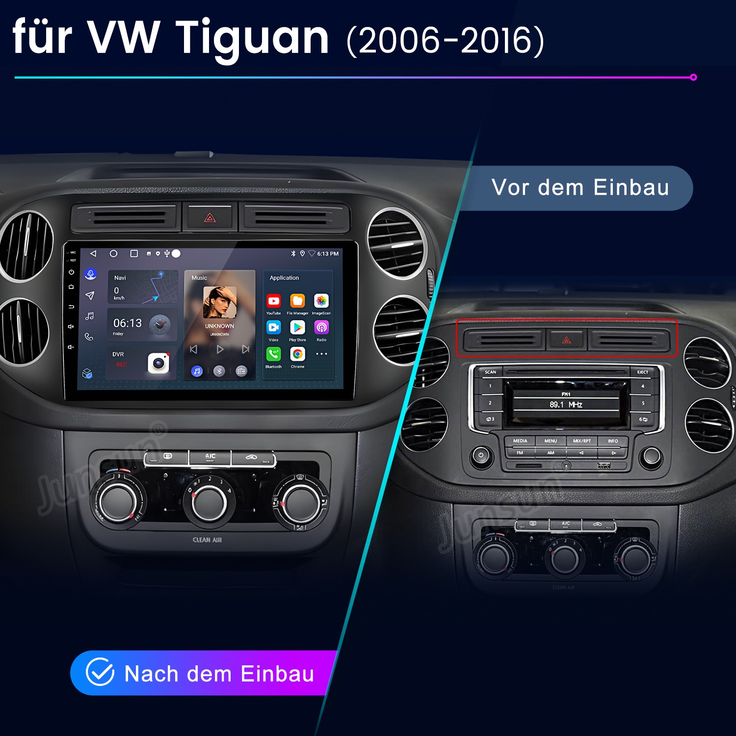 Vergleich des Armaturenbretts vor und nach der Installation. Das Display zeigt Navigation und Musik. Altes Armaturenbrett hat Radioknöpfe.