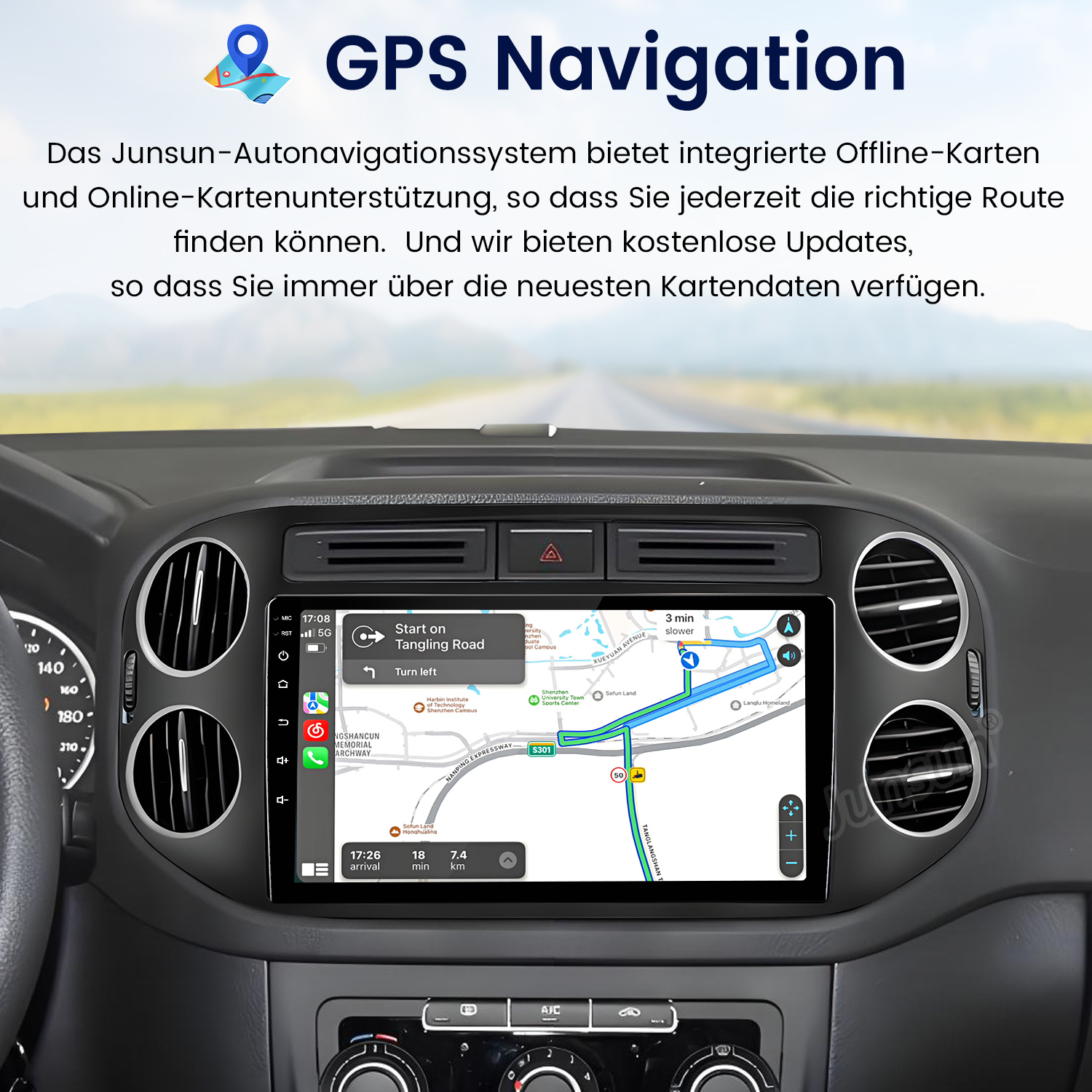 Armaturenbrett mit GPS-Navigation, Karte, Routenführung und Bedienelementen des Autos.