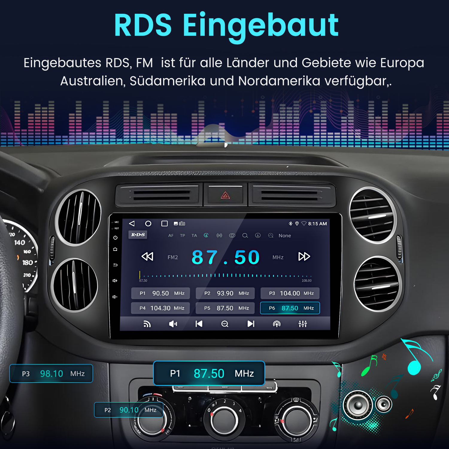 Autoradio mit Bildschirm, der die Radiofrequenz 87,50 MHz anzeigt. Text zeigt RDS und weltweite Verfügbarkeit an.