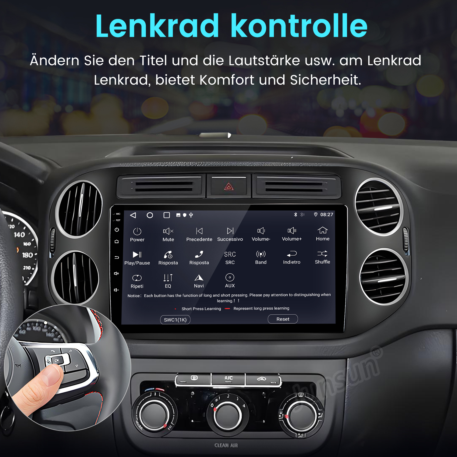 Armaturenbrett mit Multimediabildschirm, Lenkrad mit Bedienelementen und Klimaanlagenreglern.
