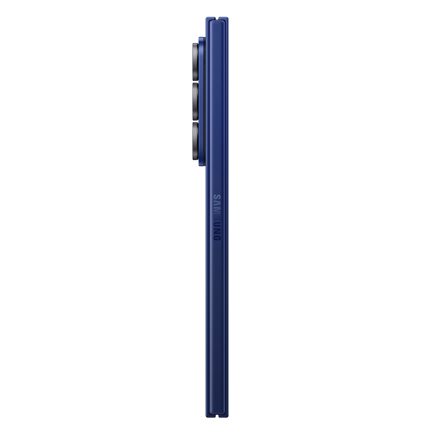 Seitenansicht eines marineblauen Samsung-Telefons. Drei Kameralinsen sind sichtbar. Das Samsung-Logo ist zu sehen.