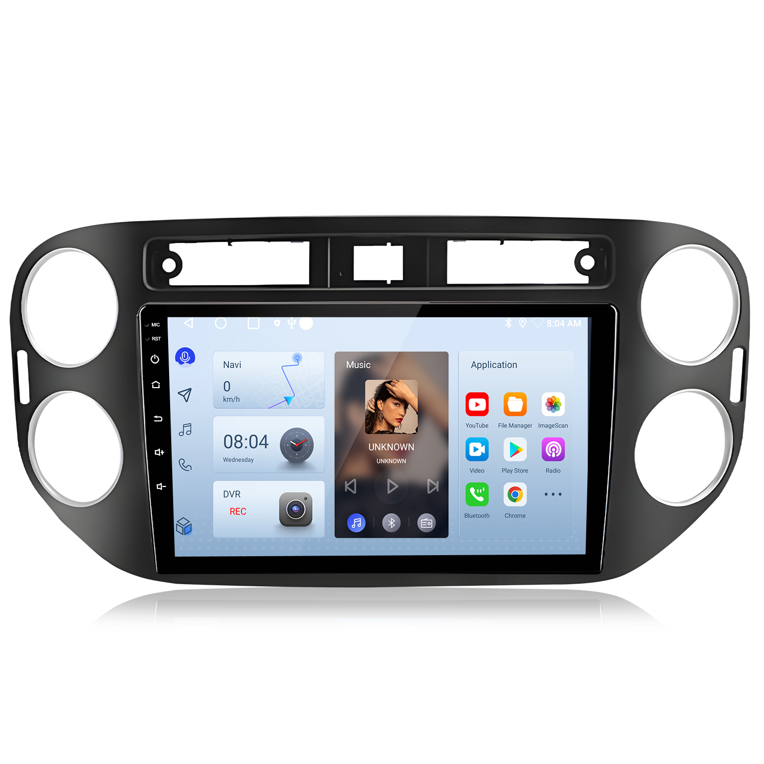 Ein Auto-Multimedia-System mit Touchscreen, das Navigation, Musik und Anwendungsoptionen in einem schwarzen Rahmen anzeigt.