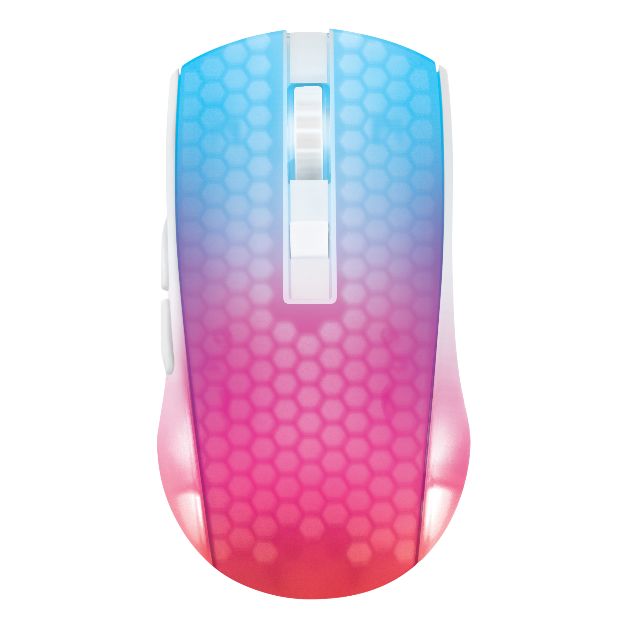 Mysz do gier z gradientem od niebieskiego do różowego. Ma wzór plastra miodu i białe przyciski.
