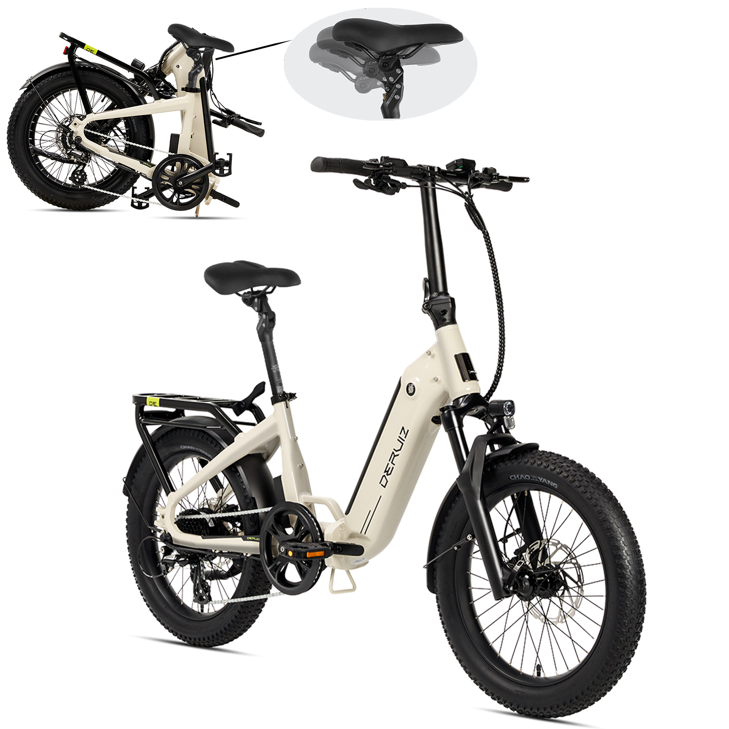 Ein cremefarbenes, zusammenklappbares Elektrofahrrad wird gezeigt. Es hat schwarze Reifen und Komponenten sowie einen schwarzen Sitz. Eine Detailansicht des Sitzes wird gezeigt.