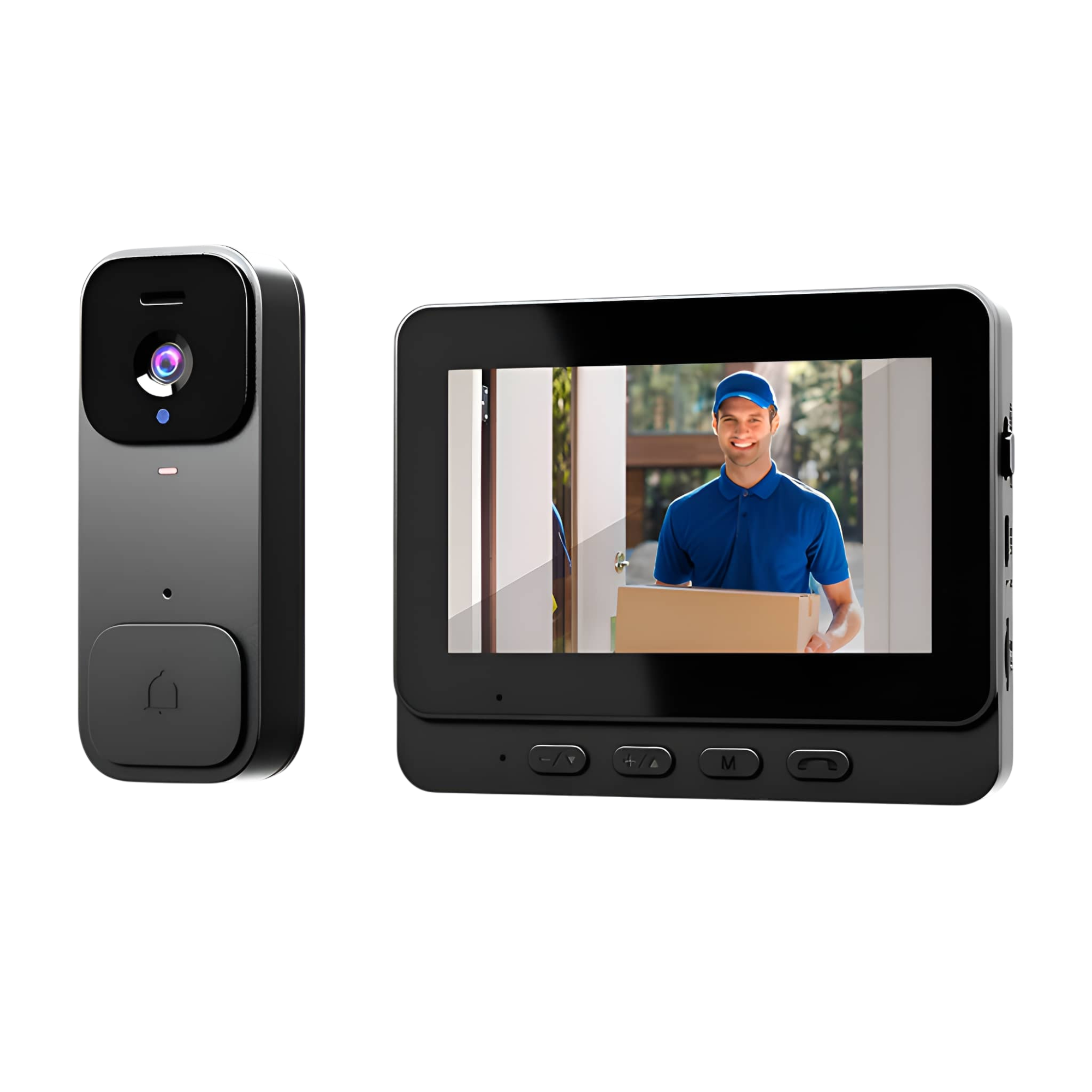Türklingelsystem mit Bildschirm, der einen Zusteller mit einem Paket zeigt. Die Türklingel ist schwarz.