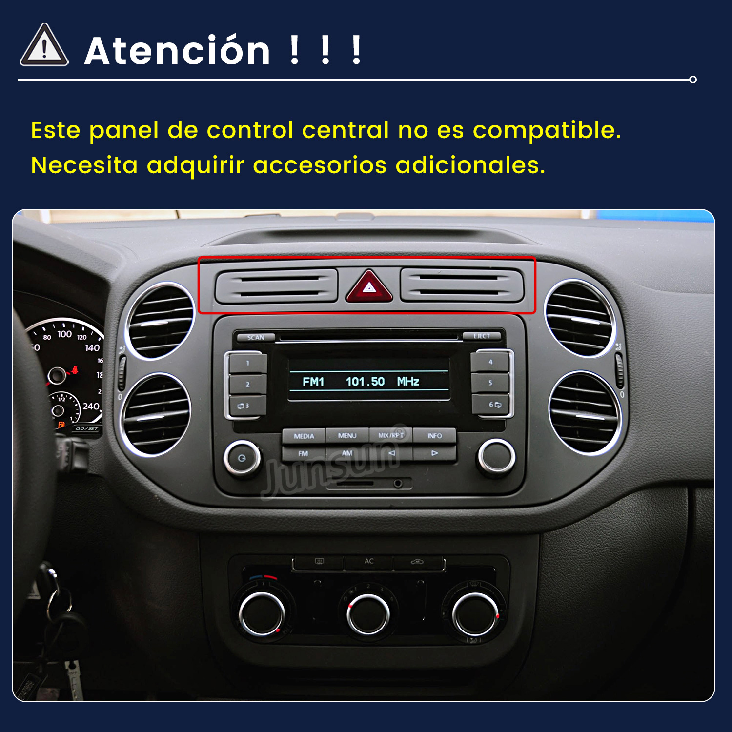 Panel de control de coche con radio y controles de AC. Señal de advertencia arriba. Radio muestra FM1 101.50 MHz. Interior negro y gris.