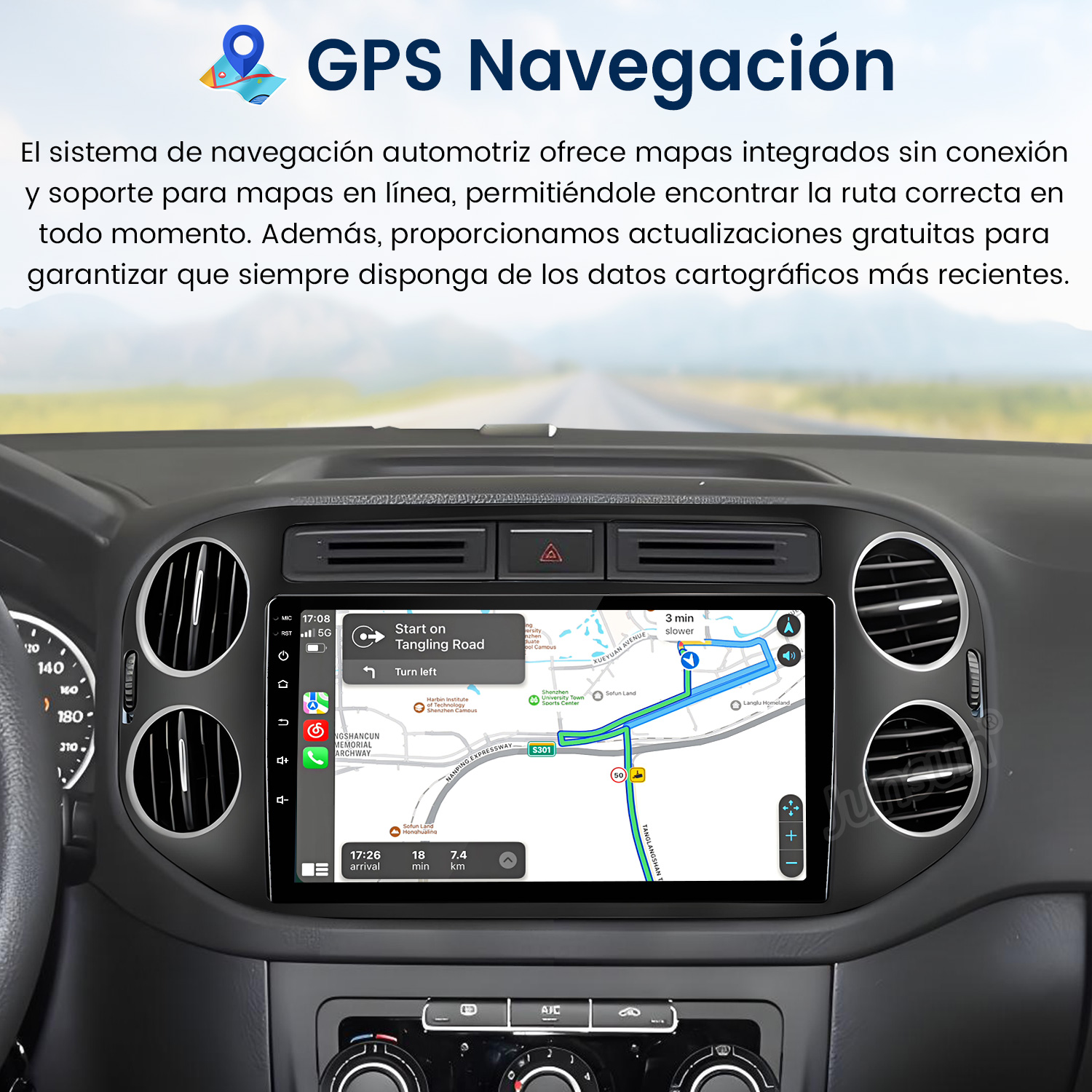 Panel del coche con pantalla de navegación GPS, mapa y guía de ruta.