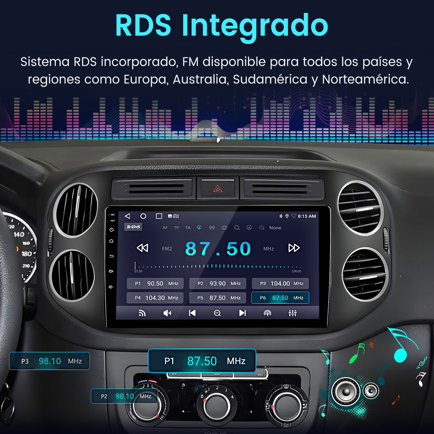 Pantalla de radio del coche que muestra 87.50 MHz. Texto: 'RDS Integrado'. Gráfico de ecualizador y interior del coche.