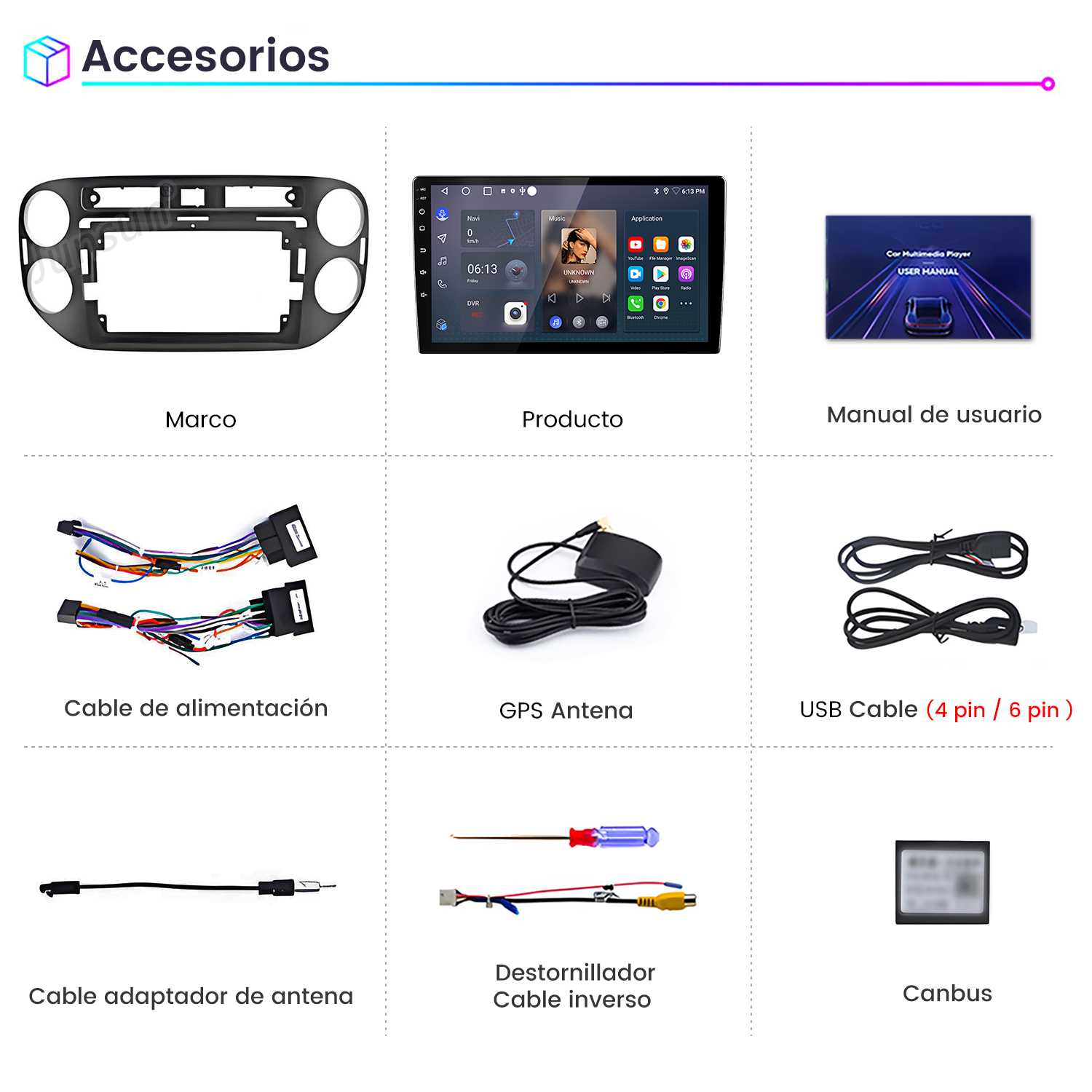 La imagen muestra accesorios para automóviles: un marco, una pantalla de producto, un manual, cables, antena, cable USB, destornillador y un dispositivo Canbus.