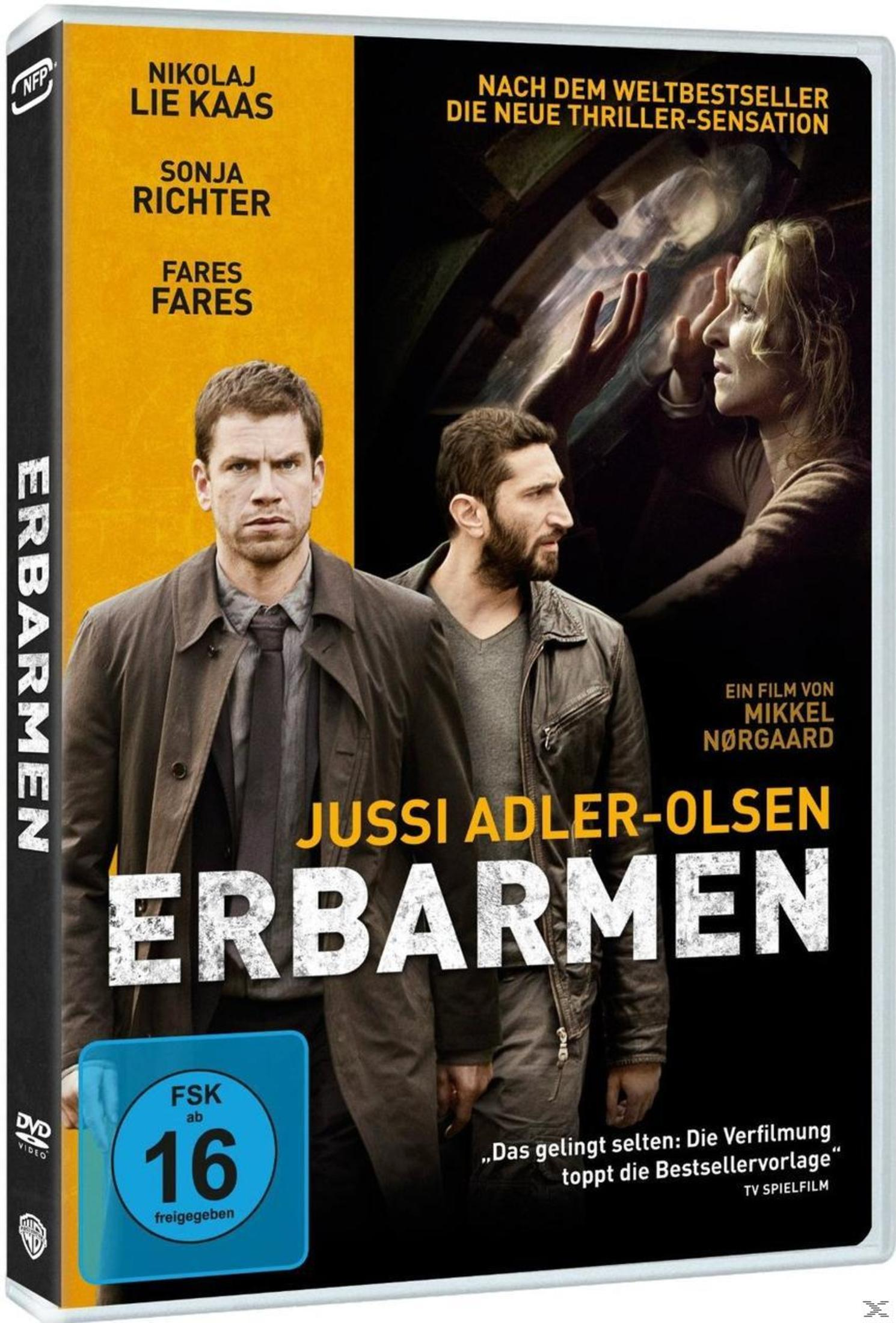 DVD-Cover. Männer in Mänteln. Text: Erbarmen, Jussi Adler-Olsen, Nikolaj Lie Kaas. Frau im Hintergrund.