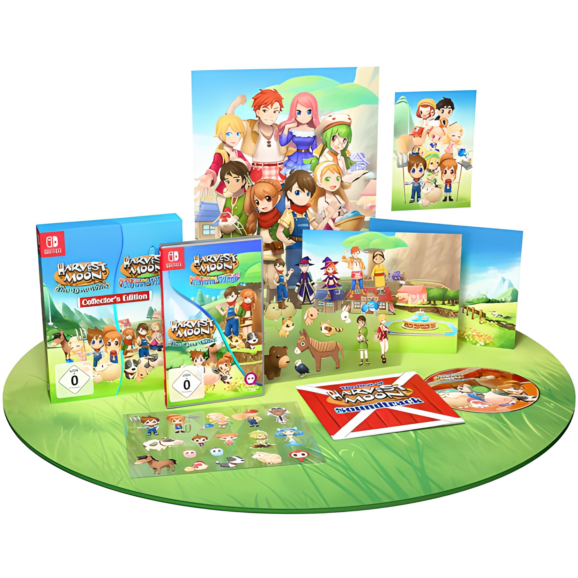 Harvest Moon Collector's Edition. Spielboxen, Figuren und Extras liegen auf einer grünen Matte. Charaktere sind auf dem Box-Art abgebildet.