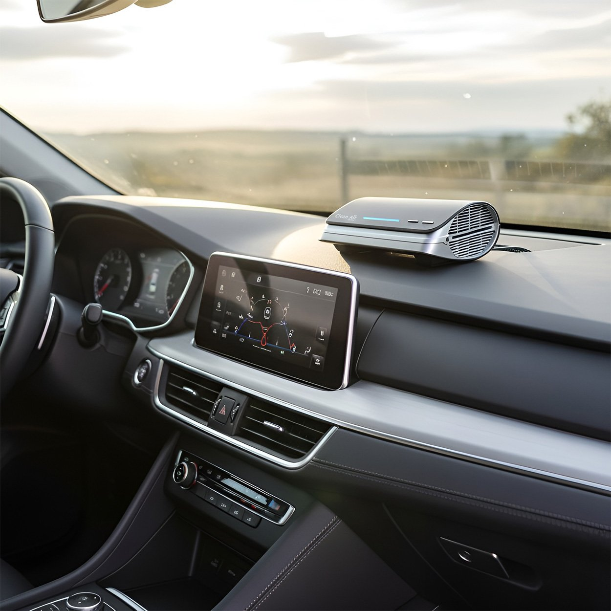 Car interior with dashboard, screen, and air purifier. Outside, a blurred landscape under a cloudy sky.