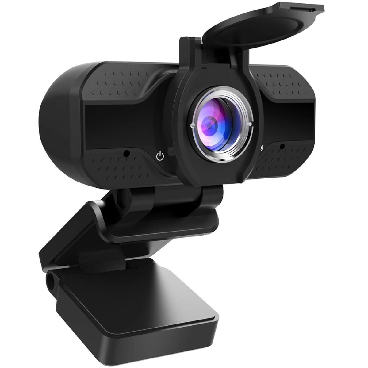 Eine schwarze Webcam mit geöffnetem Objektivdeckel. Die Kamera ist auf einem Ständer montiert. Das Objektiv reflektiert farbiges Licht.