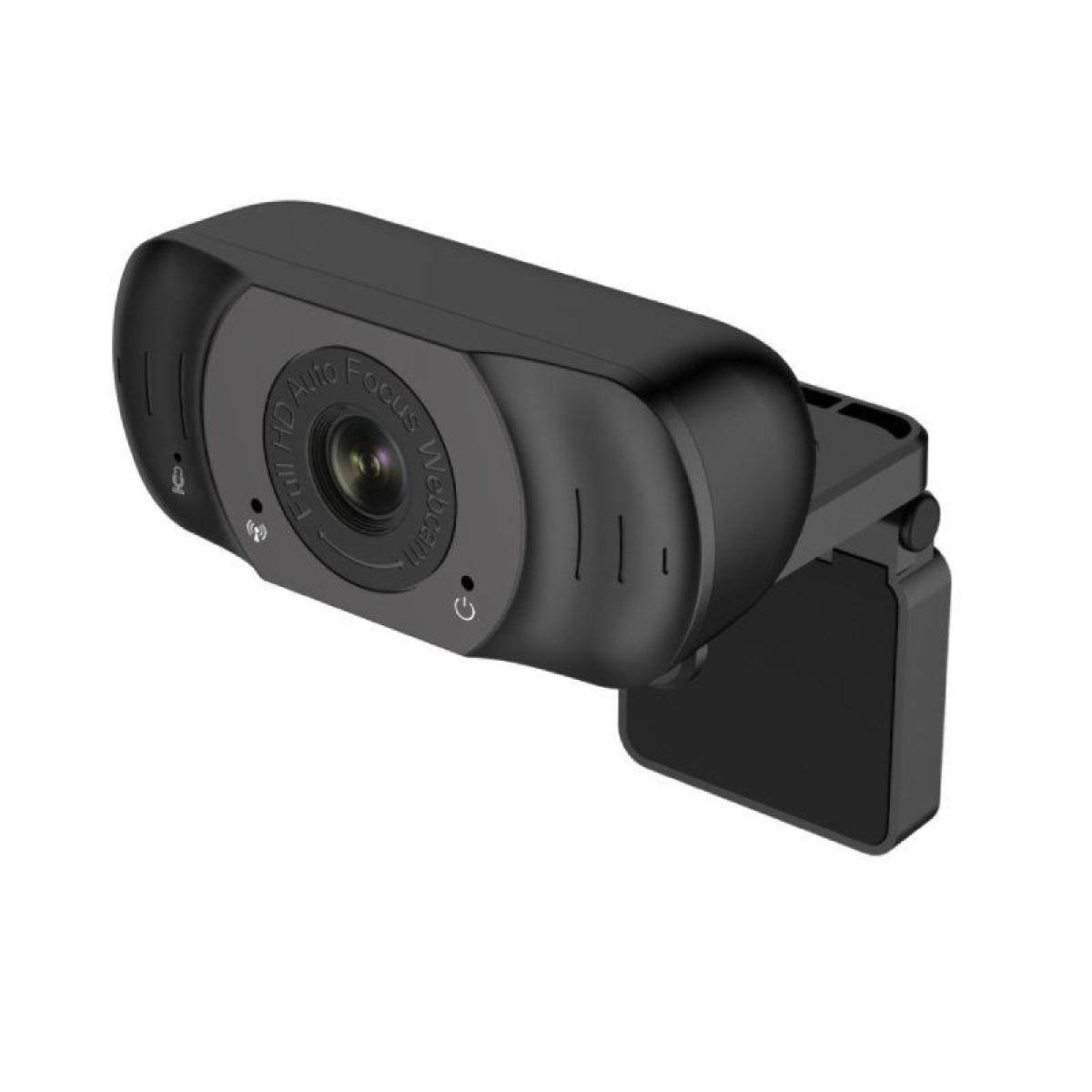 Eine schwarze Webcam mit Autofokus und Full-HD-Funktionen. Sie hat eine Linse und einen Power-Button auf der Vorderseite. Ein Ständer ist vorhanden.