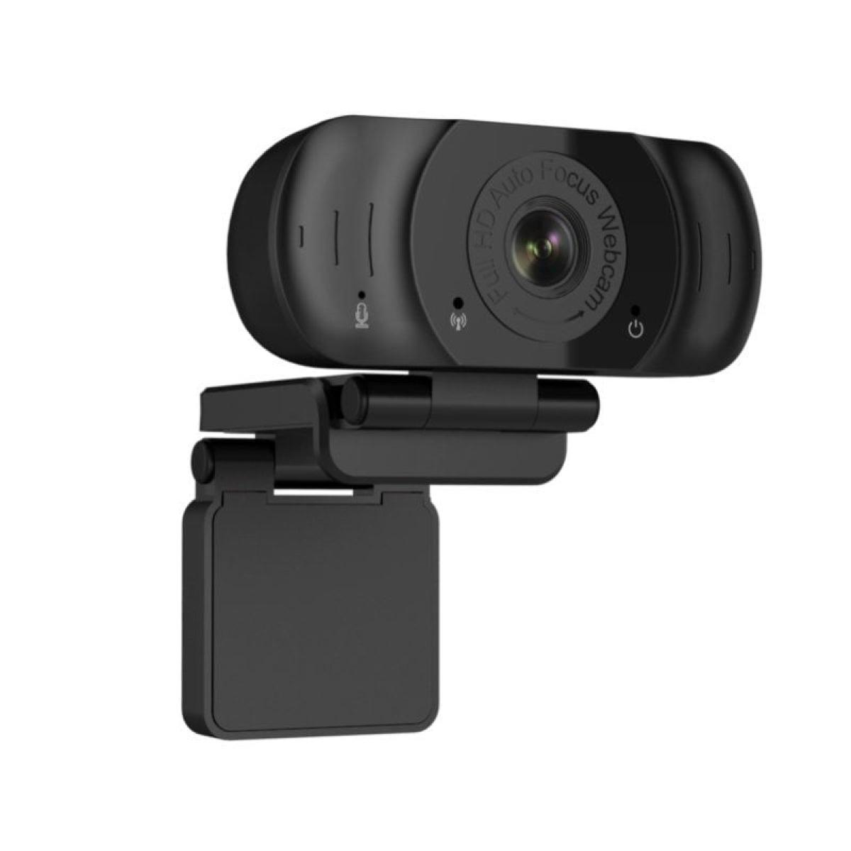 Eine schwarze Webcam mit der Aufschrift 'Full HD Auto Focus Webcam', befestigt an einem schwarzen, verstellbaren Ständer.