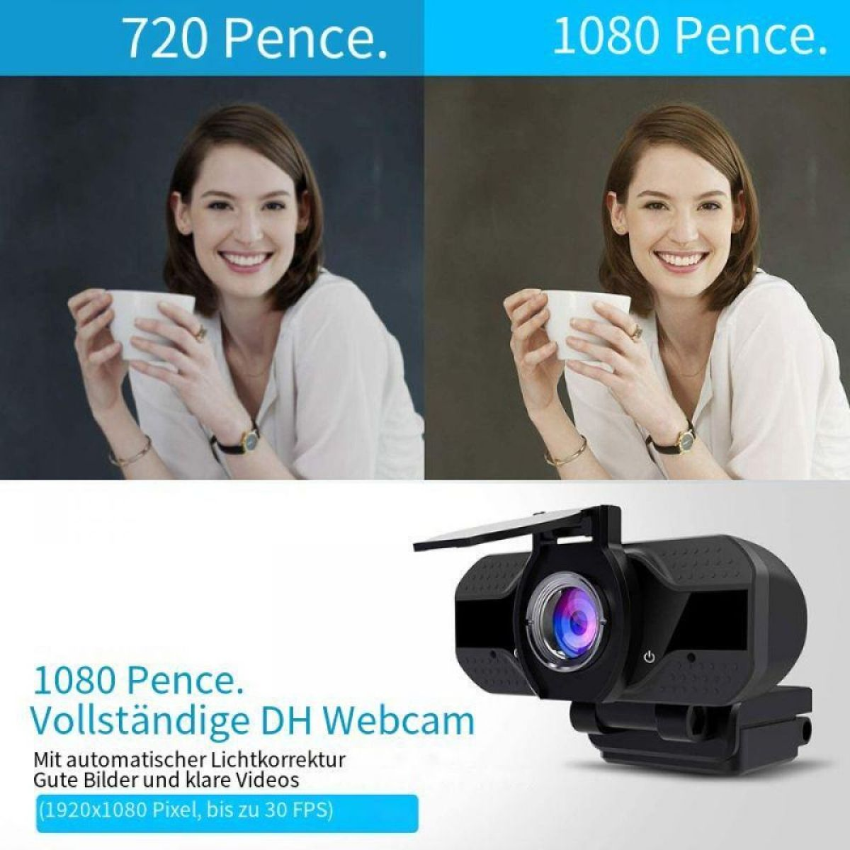 Das Bild zeigt eine Frau mit einer Tasse, zwei nebeneinander liegende Bilder und eine schwarze Webcam unten. Textüberlagerungen.