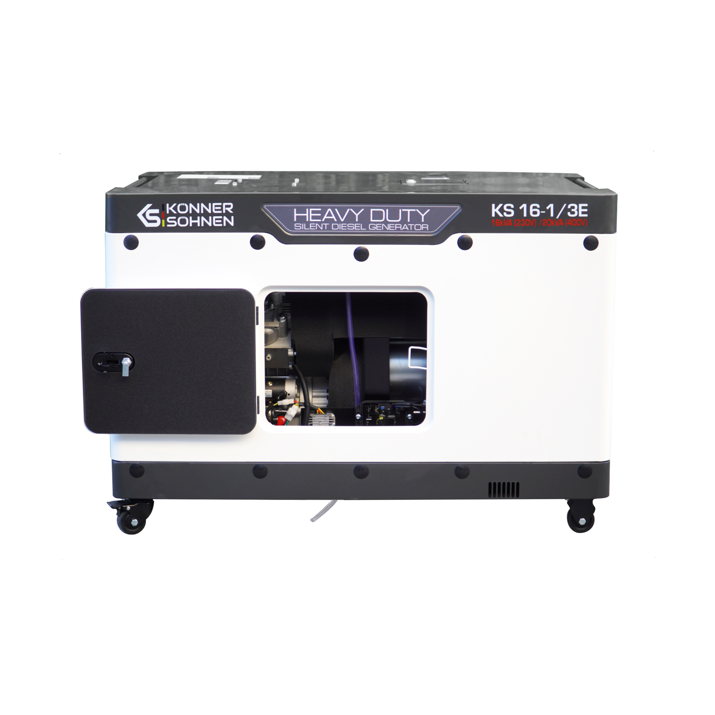 Een zwart-witte dieselgenerator. De zijdeur is open. Wielen zijn zichtbaar. Het merk is Konner & Sohnen.