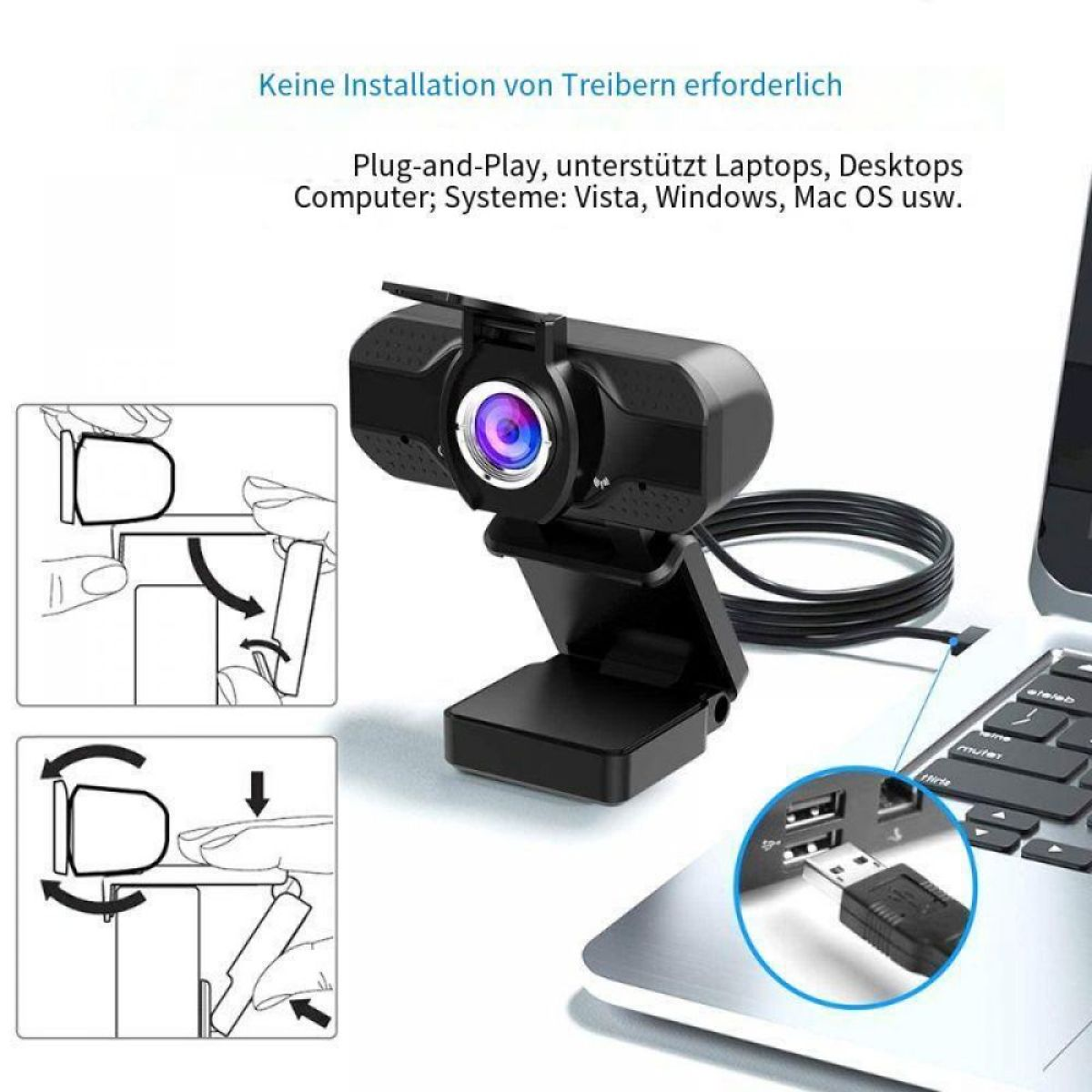 Eine schwarze Webcam mit USB-Kabel ist an einen Laptop angeschlossen. Text oben sagt Plug-and-Play.