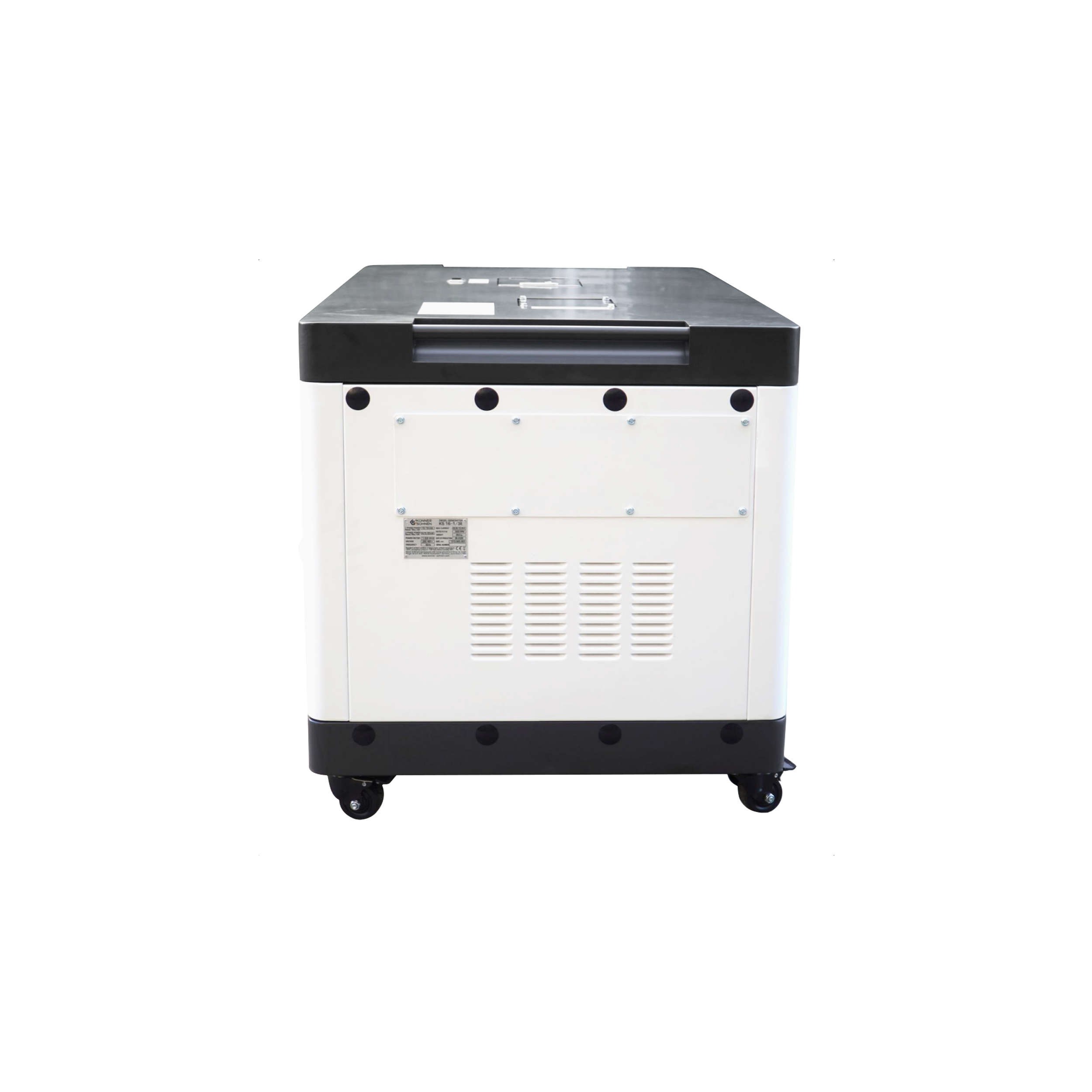 Een witte generator met een zwarte bovenkant is van achteren te zien. Het heeft wielen en ventilatiesleuven.