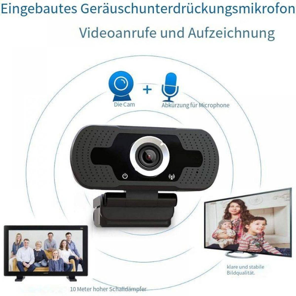 Webcam mit Mikrofon, Diagrammen und Fernsehbildschirmen mit Personen. Deutscher Text zeigt Funktionen und Vorteile.