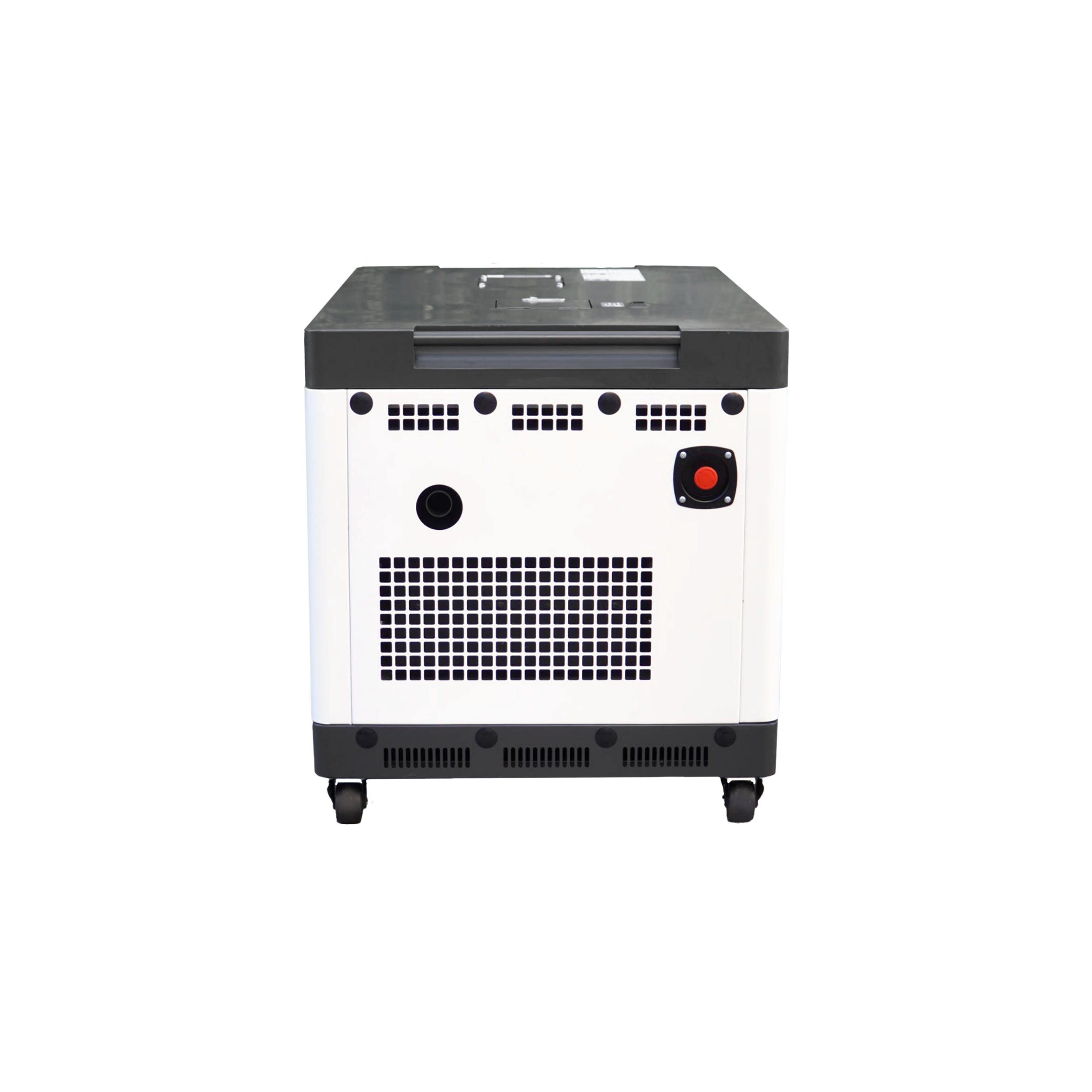 Een generator met een witte behuizing, zwarte bovenkant en een rode knop. Hij heeft ventilatie en wielen.