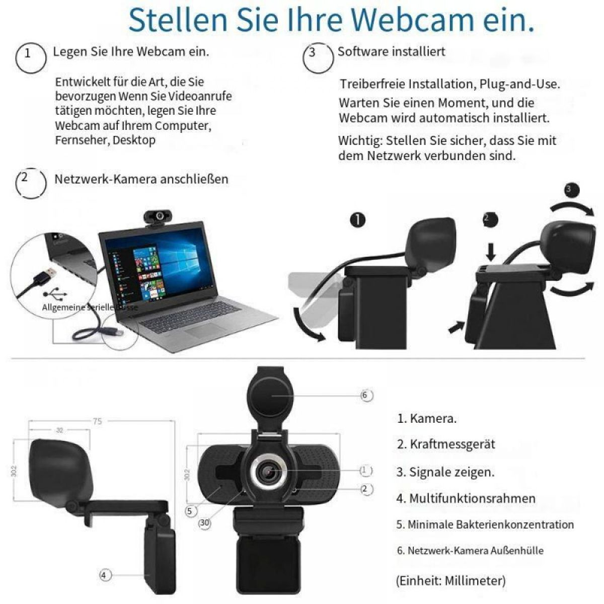 Diagramm mit Webcam-Einrichtungsschritten. Enthält Laptop, Webcam und Anweisungen auf Deutsch mit nummerierten Schritten und Beschriftungen.