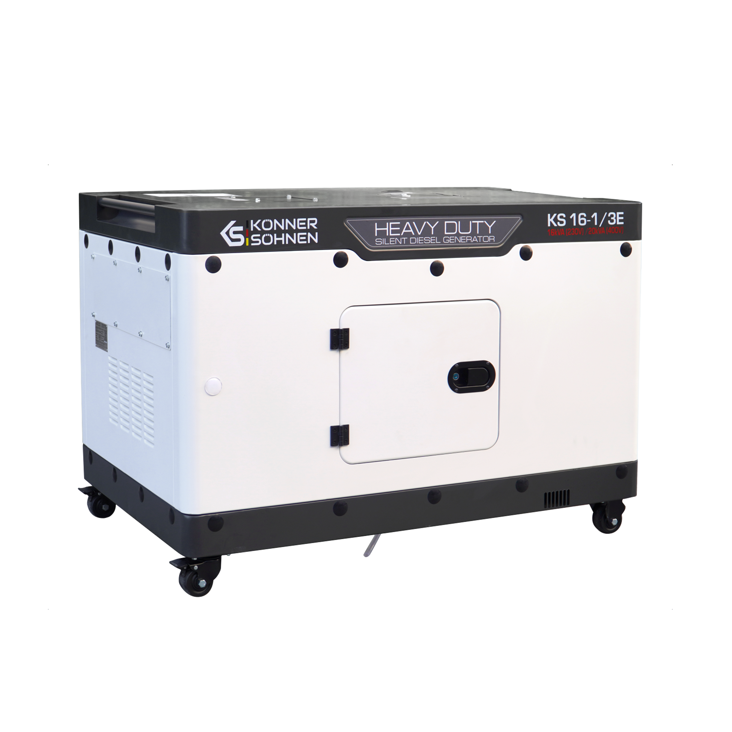 Een wit-zwarte heavy-duty dieselgenerator op wielen. Het heeft een deur, ventilatieopeningen en branding.