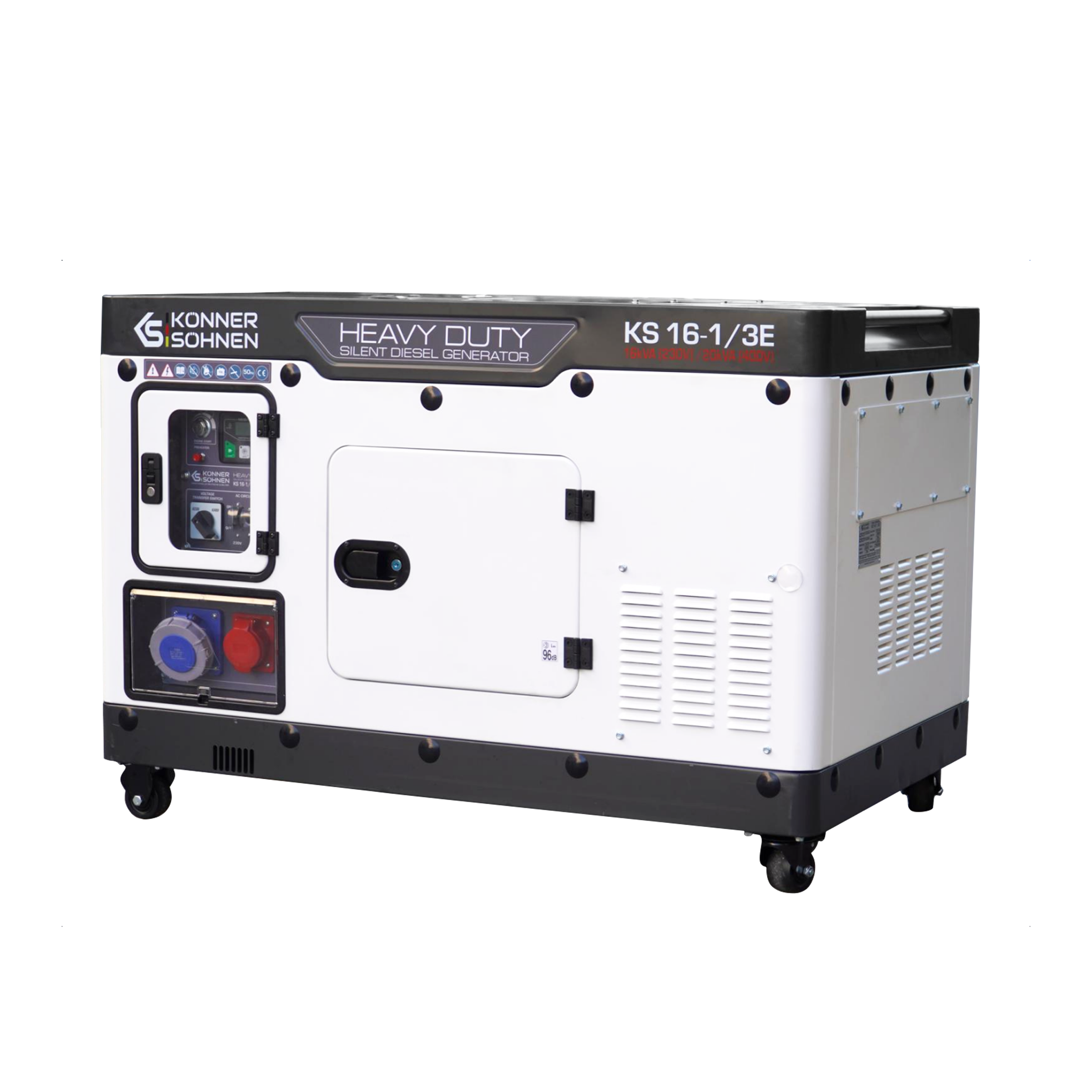 Wit en zwarte dieselgenerator. Inclusief bedieningspaneel, deur en ventilatie. Merknaam zichtbaar bovenaan.