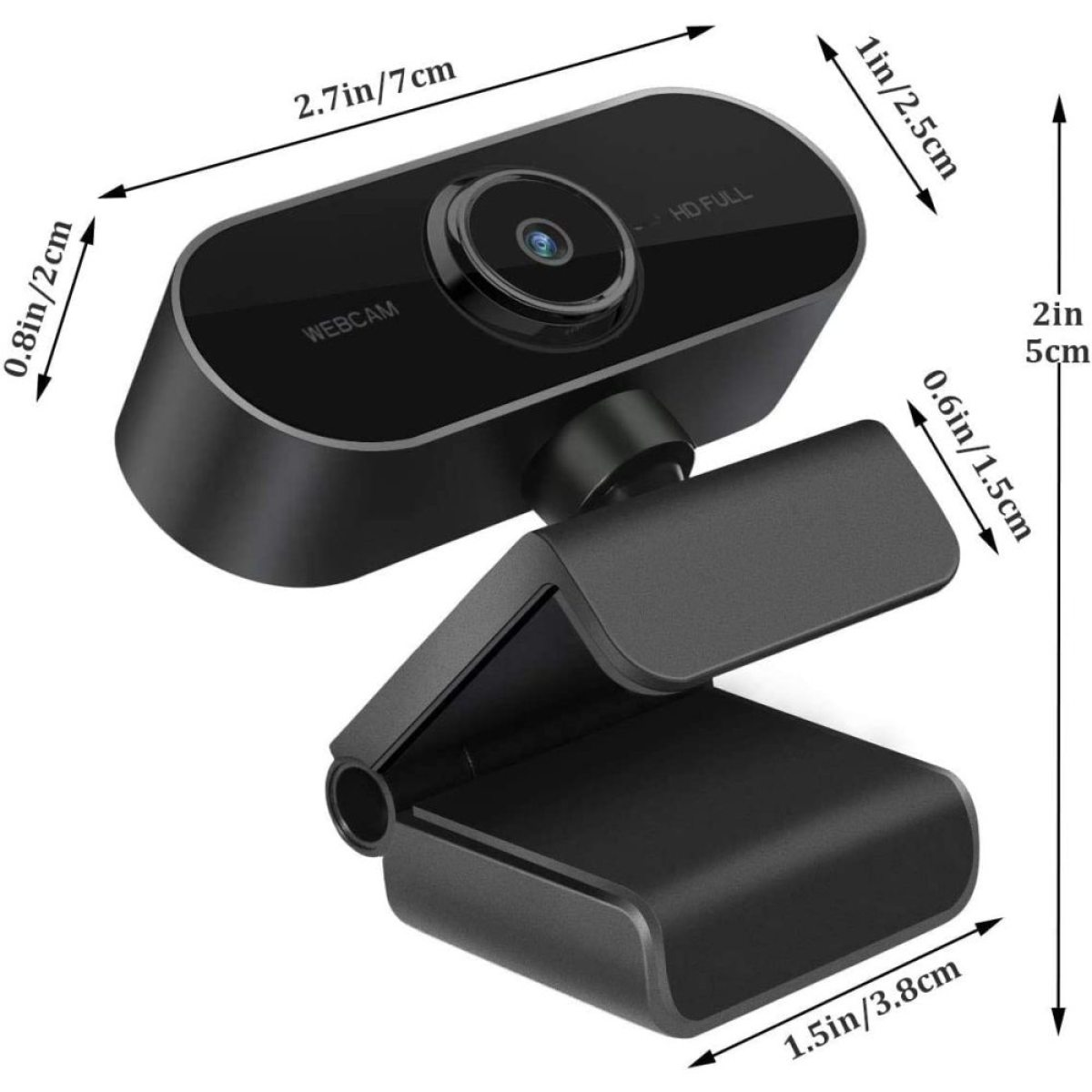 Eine schwarze Webcam mit angegebenen Abmessungen. Sie hat ein Objektiv, das Wort WEBCAM und einen Ständer.