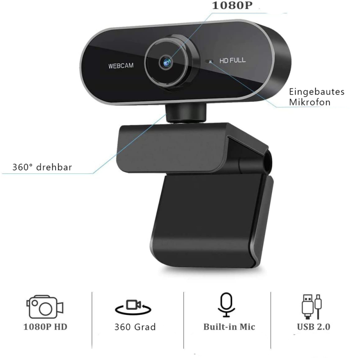 Eine schwarze Webcam mit den Aufschriften 'WEBCAM', 'HD FULL' und '1080P'. Sie hat ein eingebautes Mikrofon und USB 2.0. Sie ist 360 Grad drehbar.