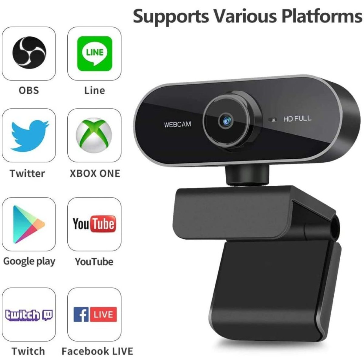 Schwarze Webcam mit verschiedenen Plattform-Icons: OBS, Line, Twitter, Xbox, YouTube, Google Play, Twitch und Facebook Live.