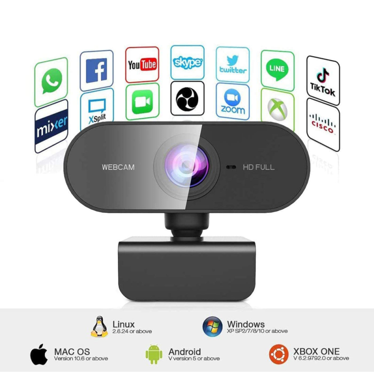 Eine Webcam mit Social-Media-Symbolen. Die Webcam ist schwarz, mit HD FULL. Kompatibel mit mehreren Betriebssystemen.