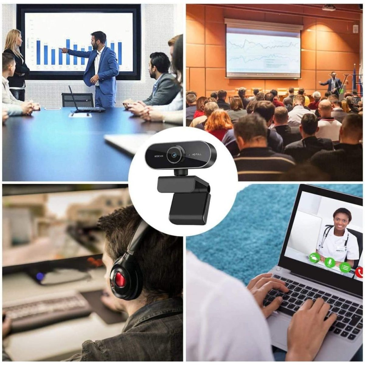 Collage von Bildern: Geschäftstreffen, Konferenz, Webcam, Person mit Kopfhörern und Videoanruf auf Laptop mit Arzt.