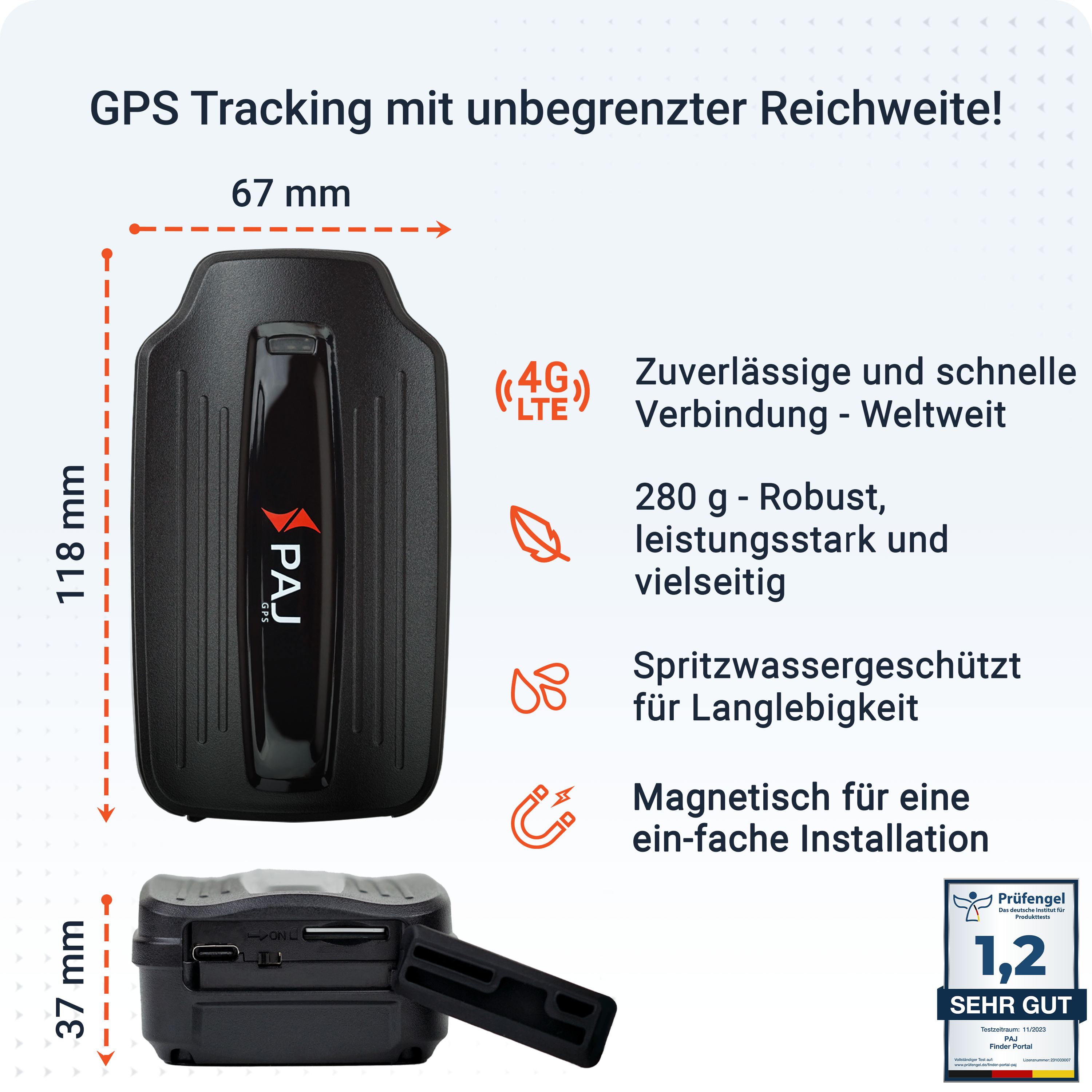 Schwarzer GPS-Tracker mit Maßangaben. Text hebt Merkmale hervor: 4G, robust, wasserdicht, magnetisch und eine Bewertung 'Sehr Gut'.