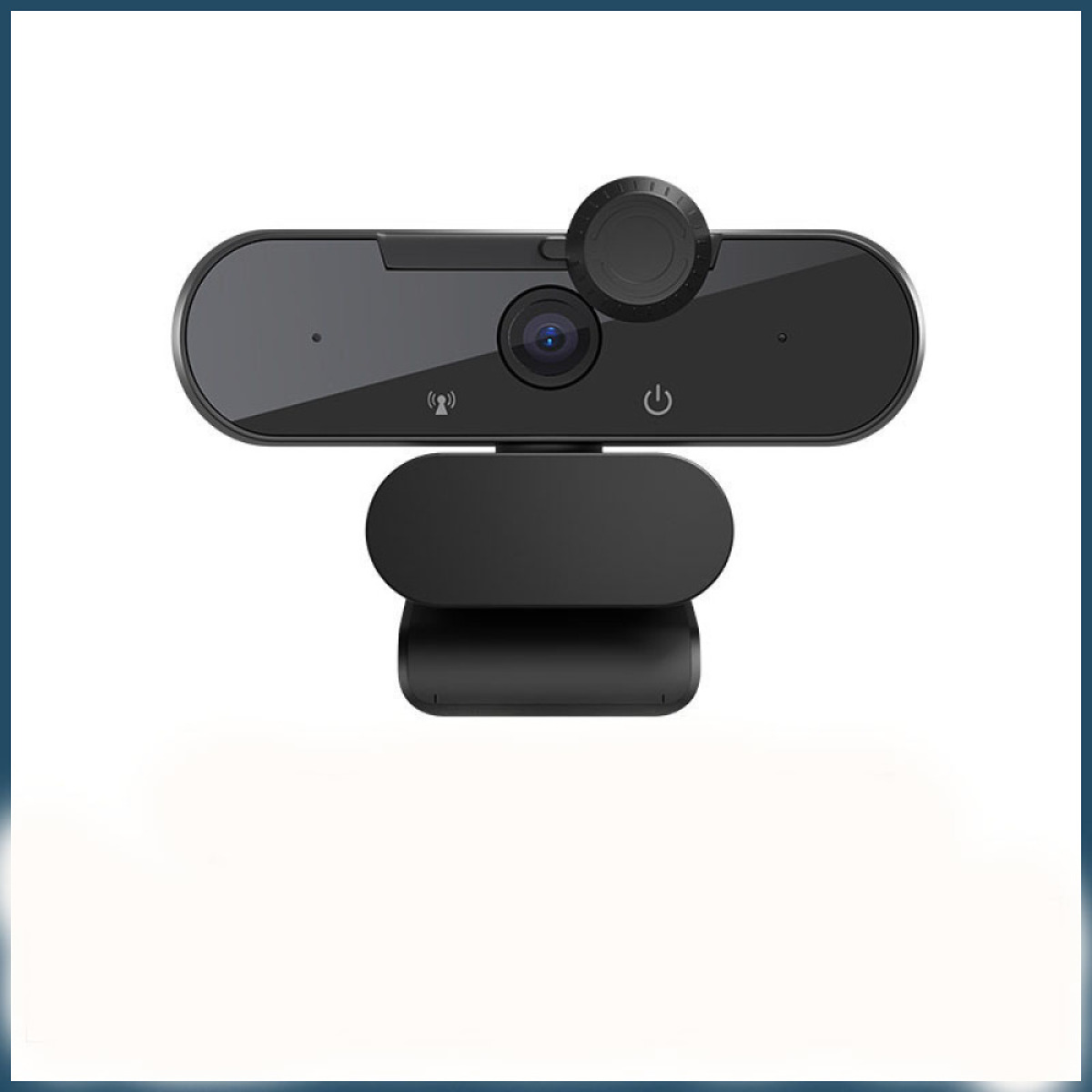 Eine schwarze Webcam auf weißem Hintergrund. Sie hat ein Objektiv, einen Einschaltknopf und ein Drehrad. Der Sockel ist ebenfalls schwarz.