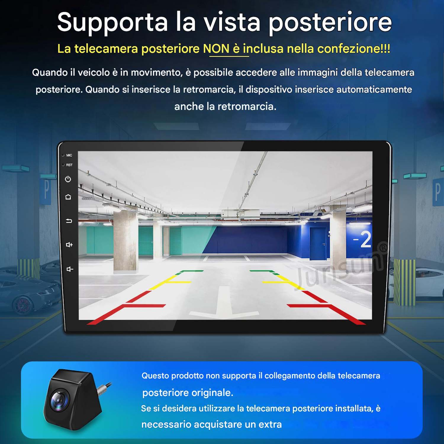 Schermo con vista telecamera posteriore auto in garage. Linee rosse, gialle e verdi visibili sullo schermo.