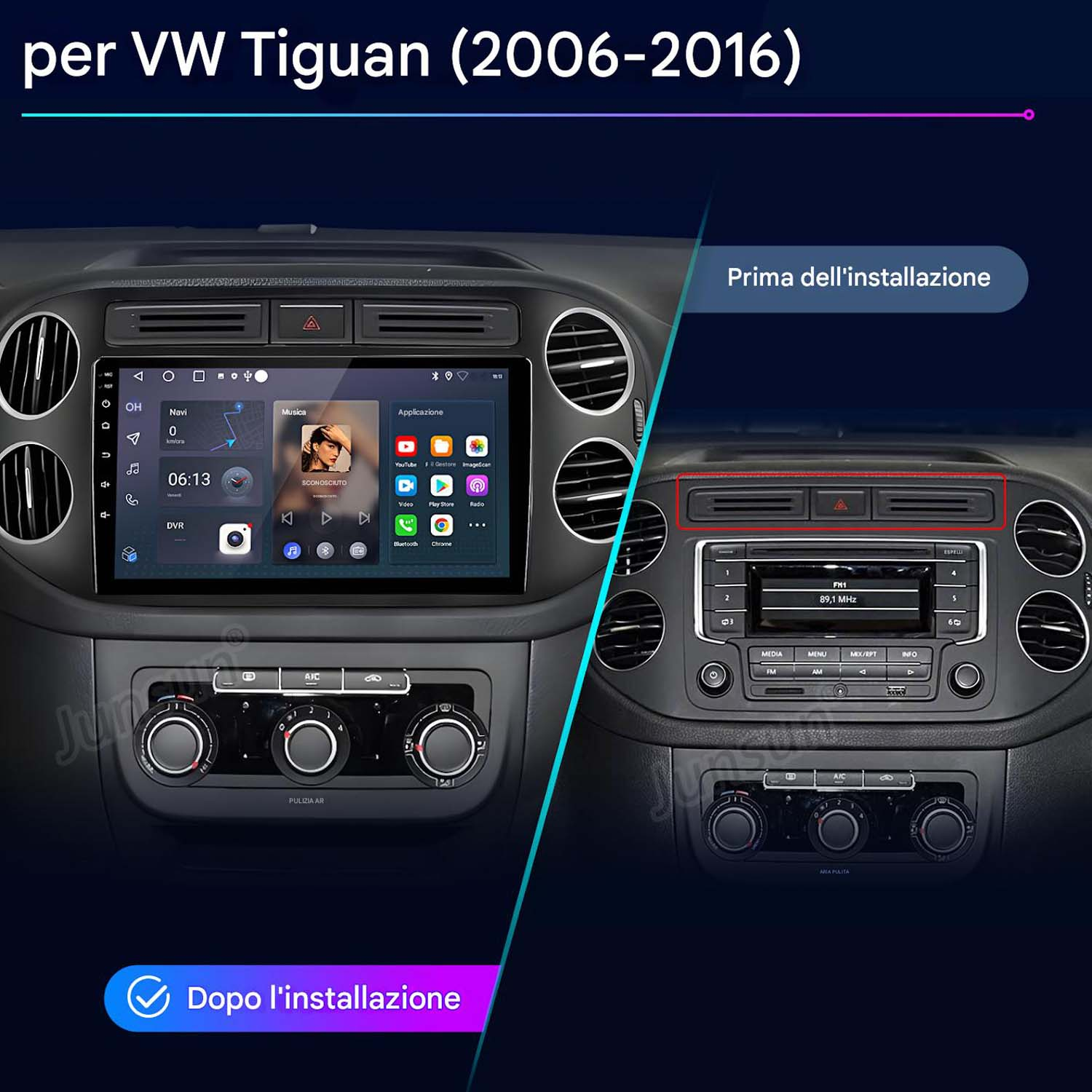 Confronto del cruscotto di un'auto prima e dopo l'installazione di un nuovo sistema multimediale, con navigazione e app.