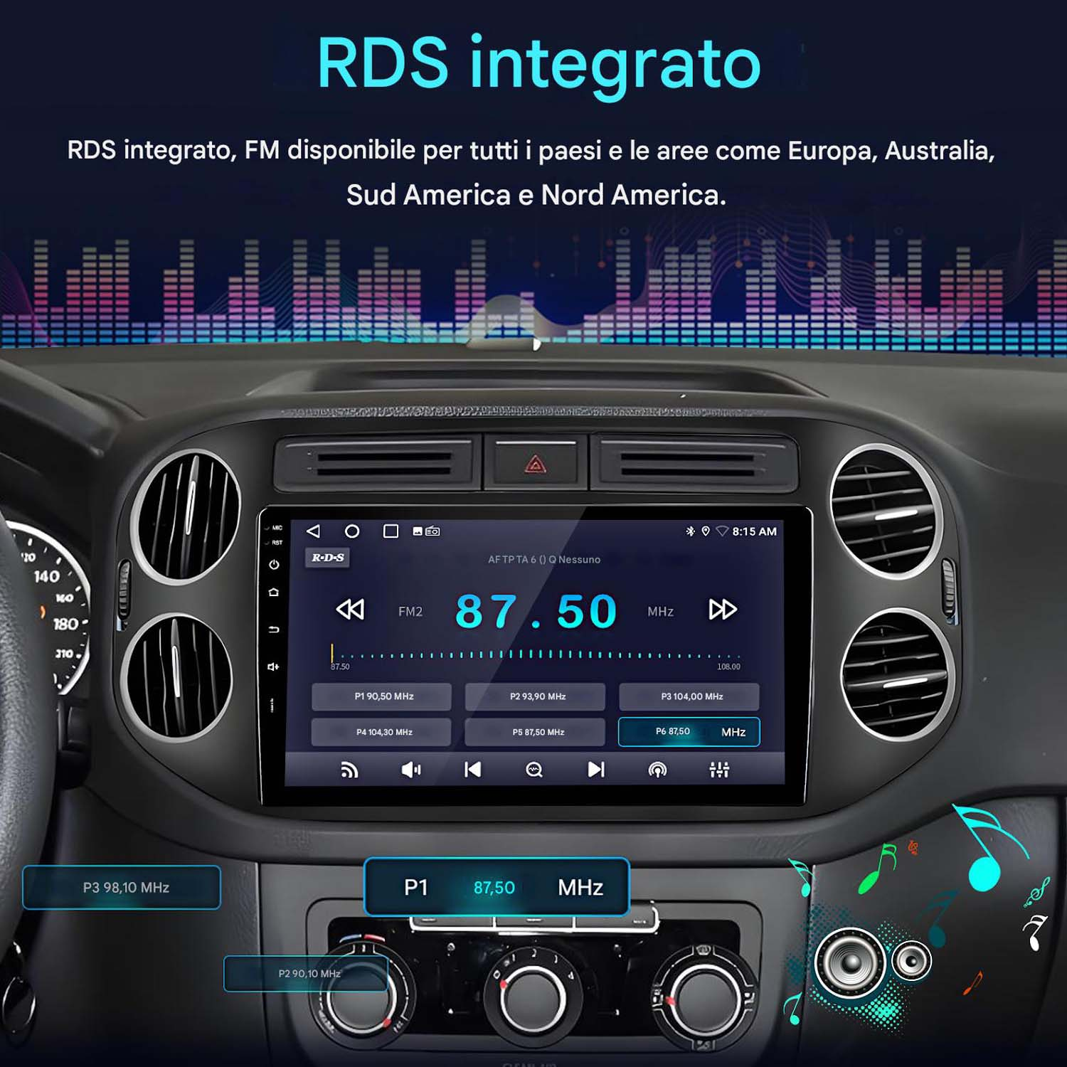 Schermo dell'autoradio che mostra le informazioni radio. Mostra la frequenza 87,50 MHz. Include pulsanti e un orologio. Testo: RDS integrato.