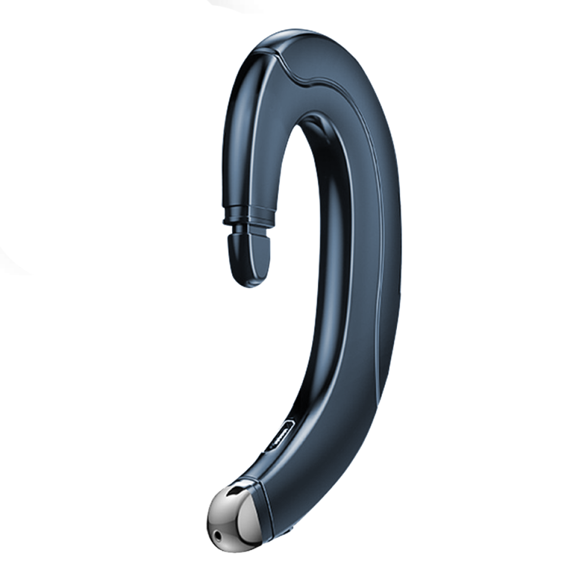 Ein dunkelblaues, modernes Ohrbügel-Headset. Es hat ein gebogenes Design mit silberner Spitze und einem kleinen Knopf. Der Hintergrund ist weiß.