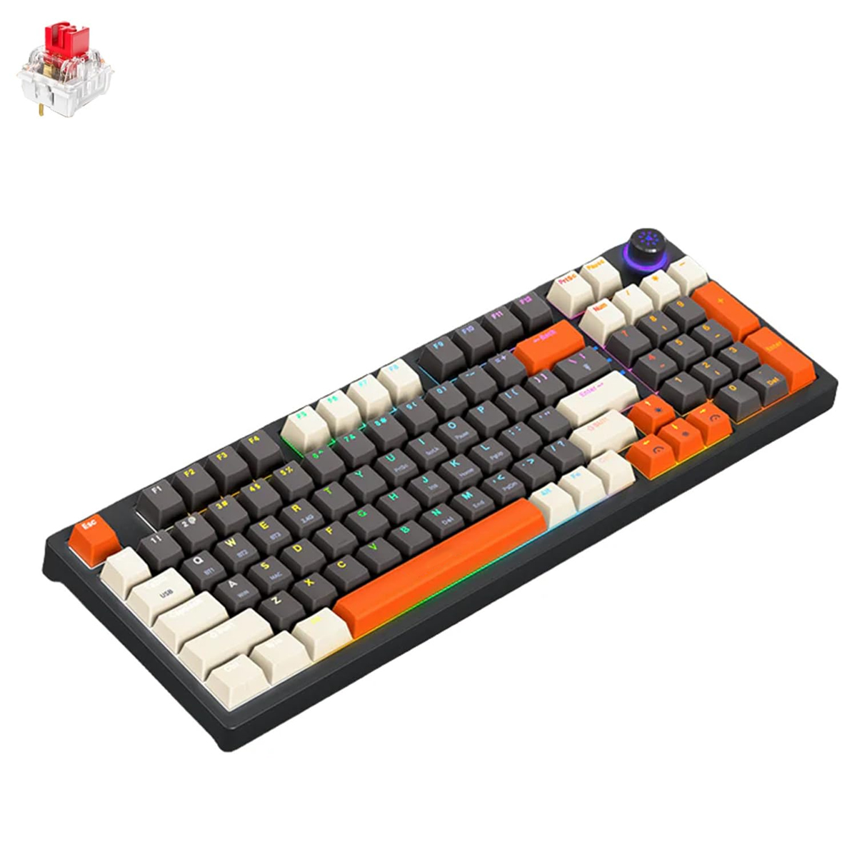 Eine mechanische Tastatur mit schwarzen Tasten, orangefarbenen und weißen Akzenten und einem roten Schalter wird gezeigt. Der Hintergrund ist weiß.
